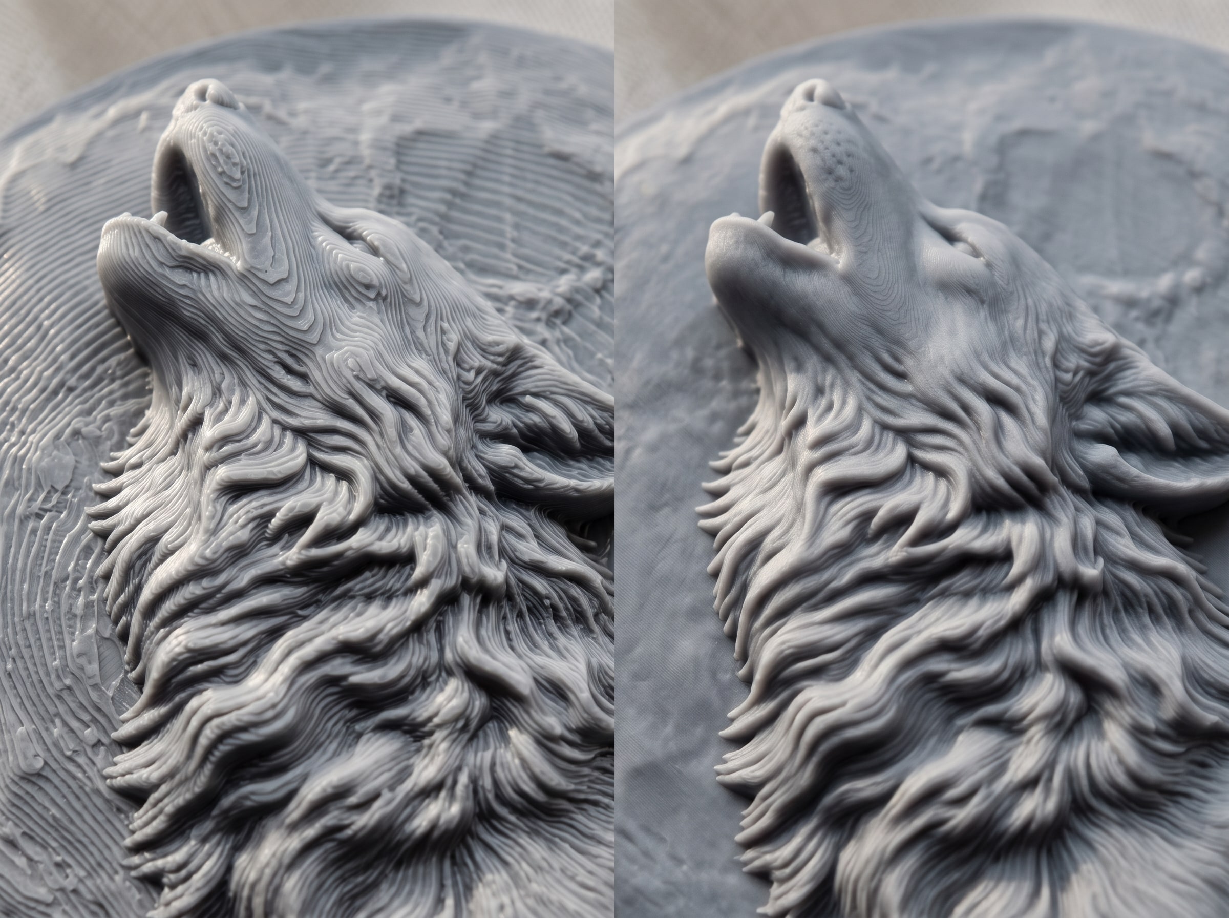 Macro of two raw grey prints of the same relief: one at a coarse layer height with visible stepping, one at a fine layer height that is smooth