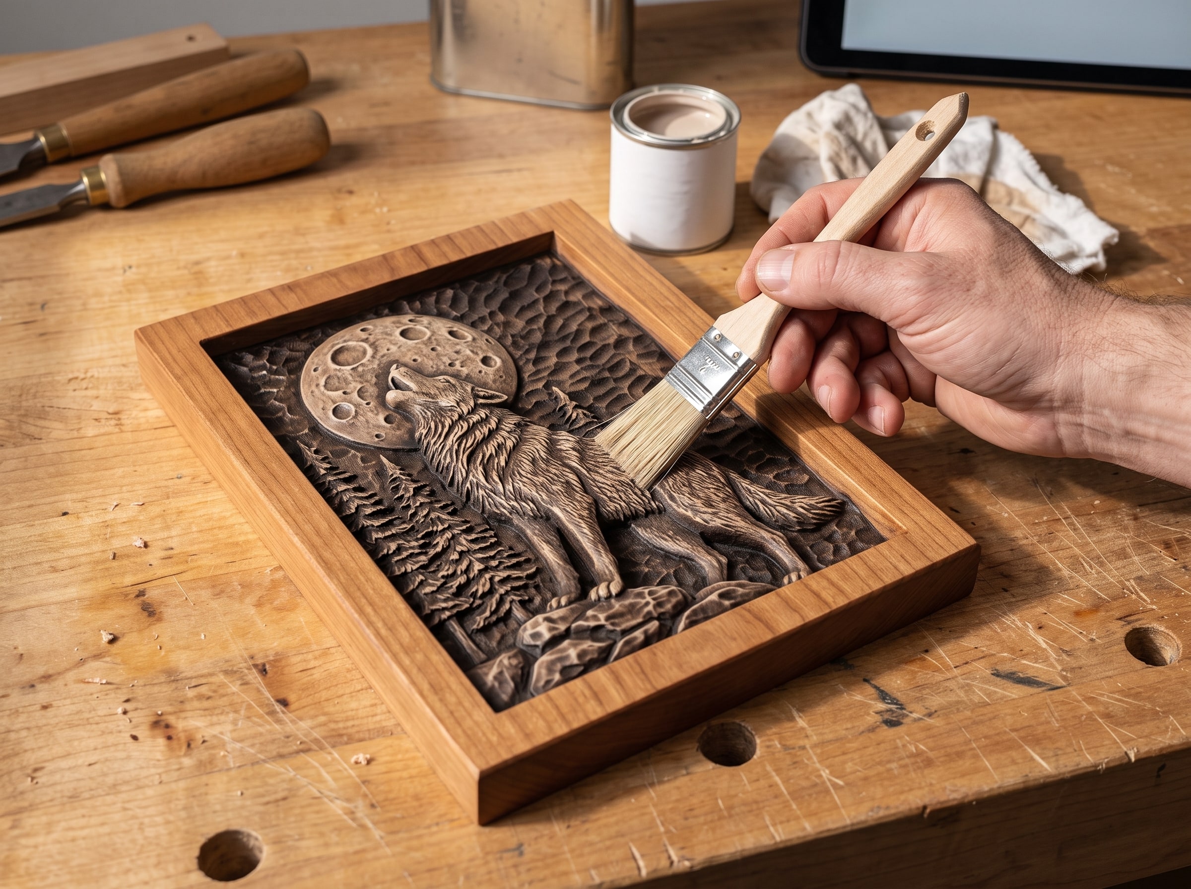 A hand dry-brushing pale highlights onto the raised edges of a primed and washed 3D printed wolf relief