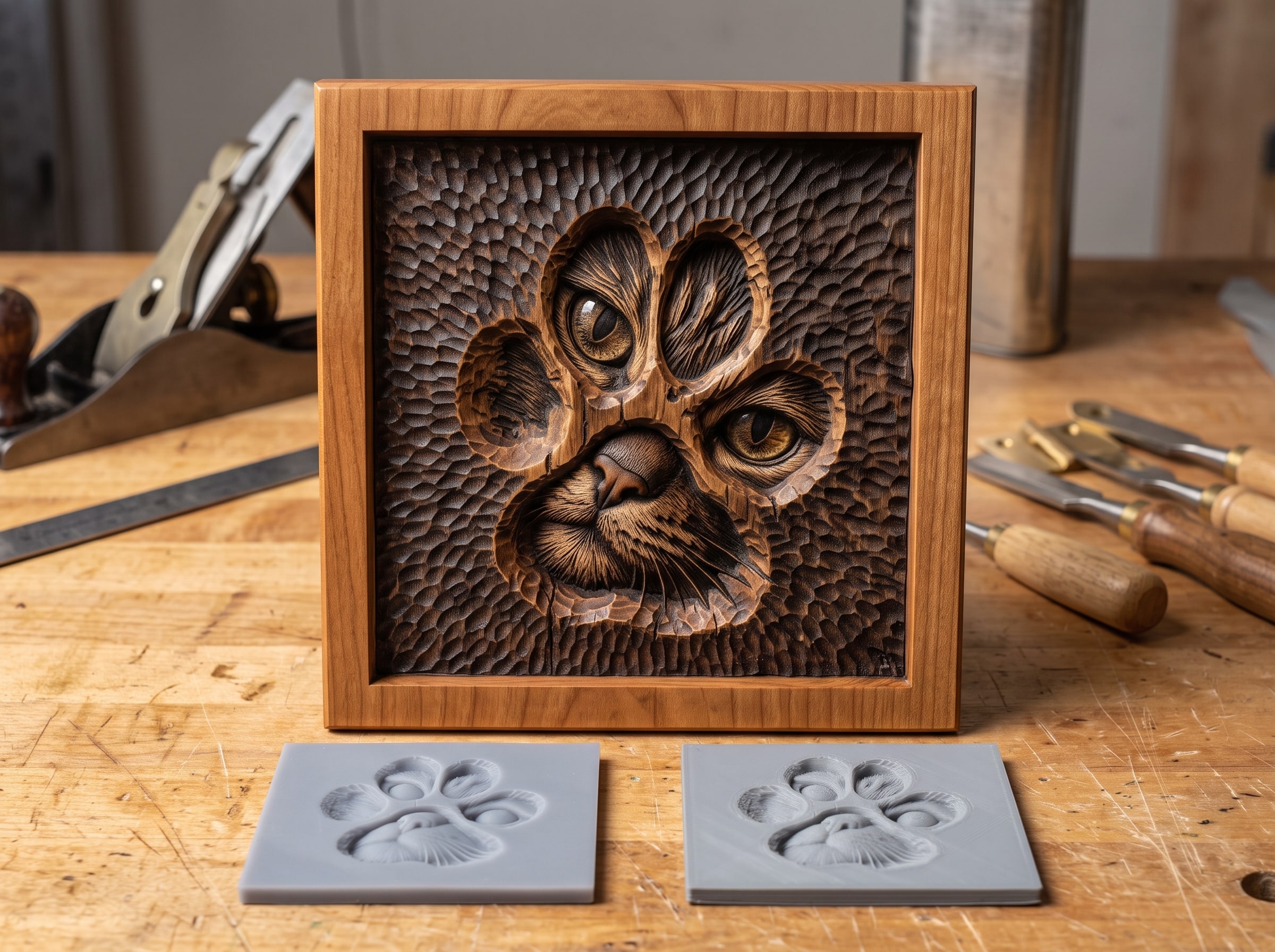 The same small relief printed twice: a grey resin print with crisp detail and an FDM print with visible layer lines