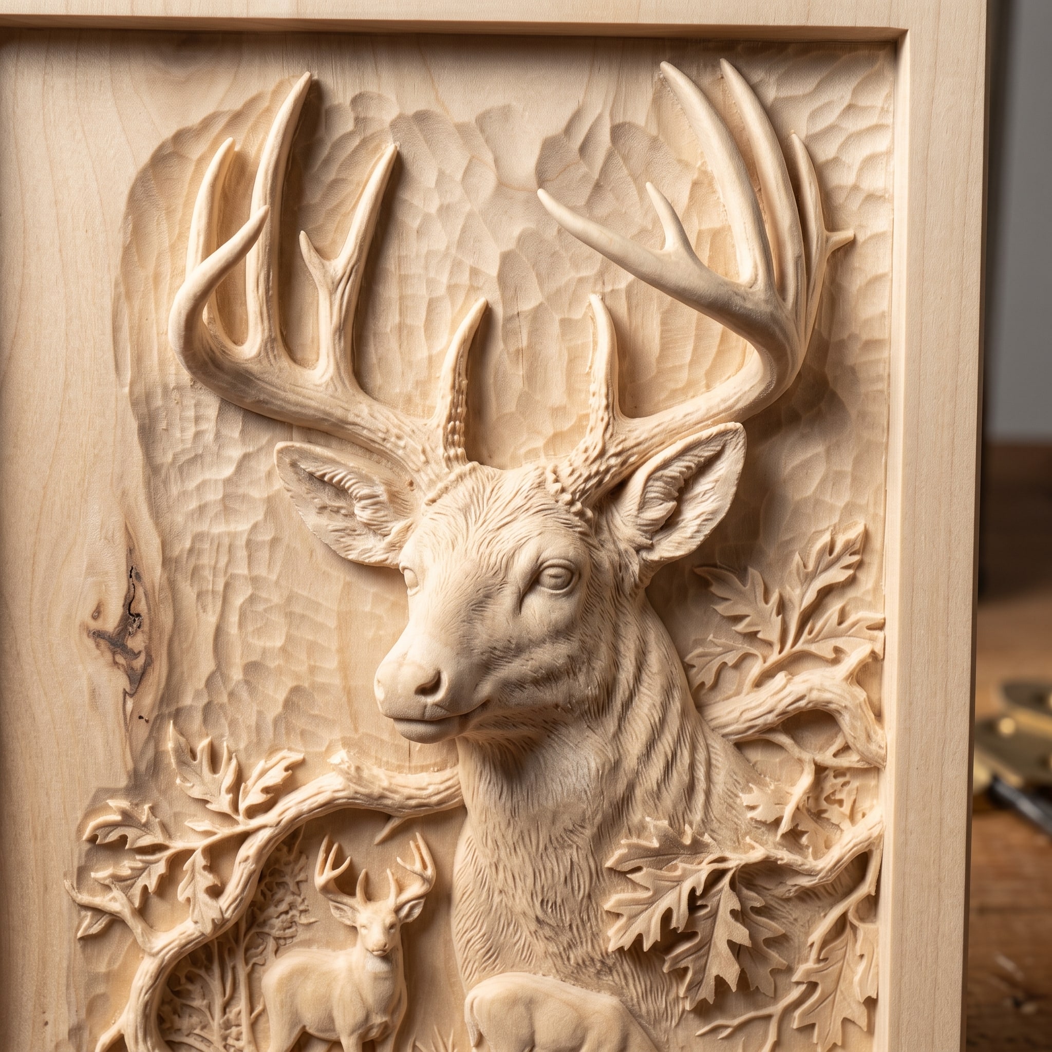 The buck's head carved in basswood