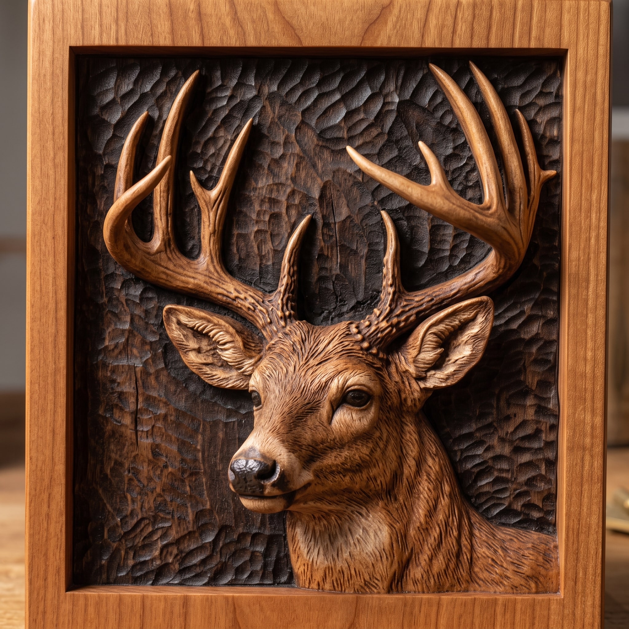 The buck's head carved in cherry