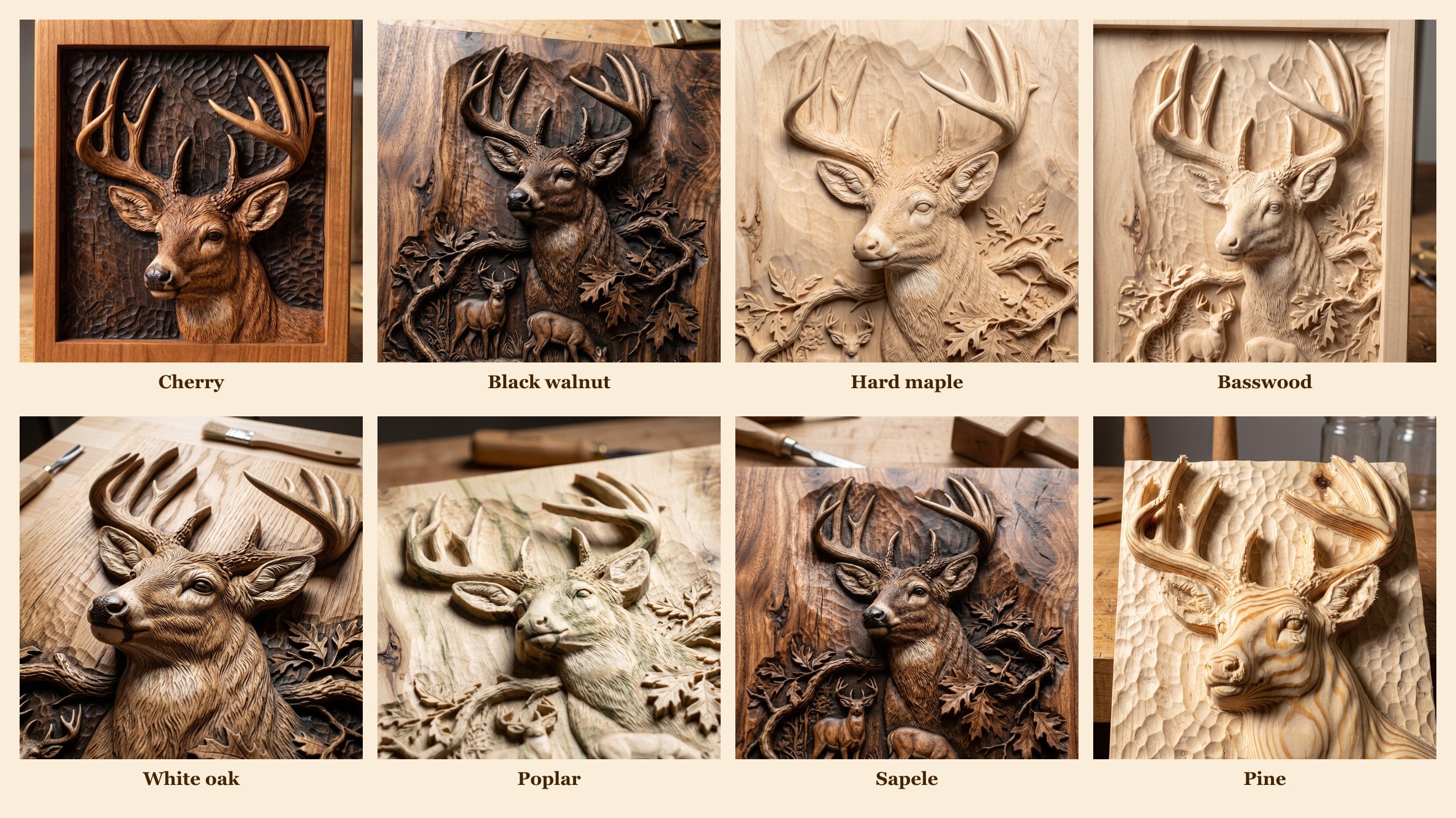 The same buck carved in eight woods, labelled: cherry, walnut, maple, basswood, oak, poplar, sapele, pine