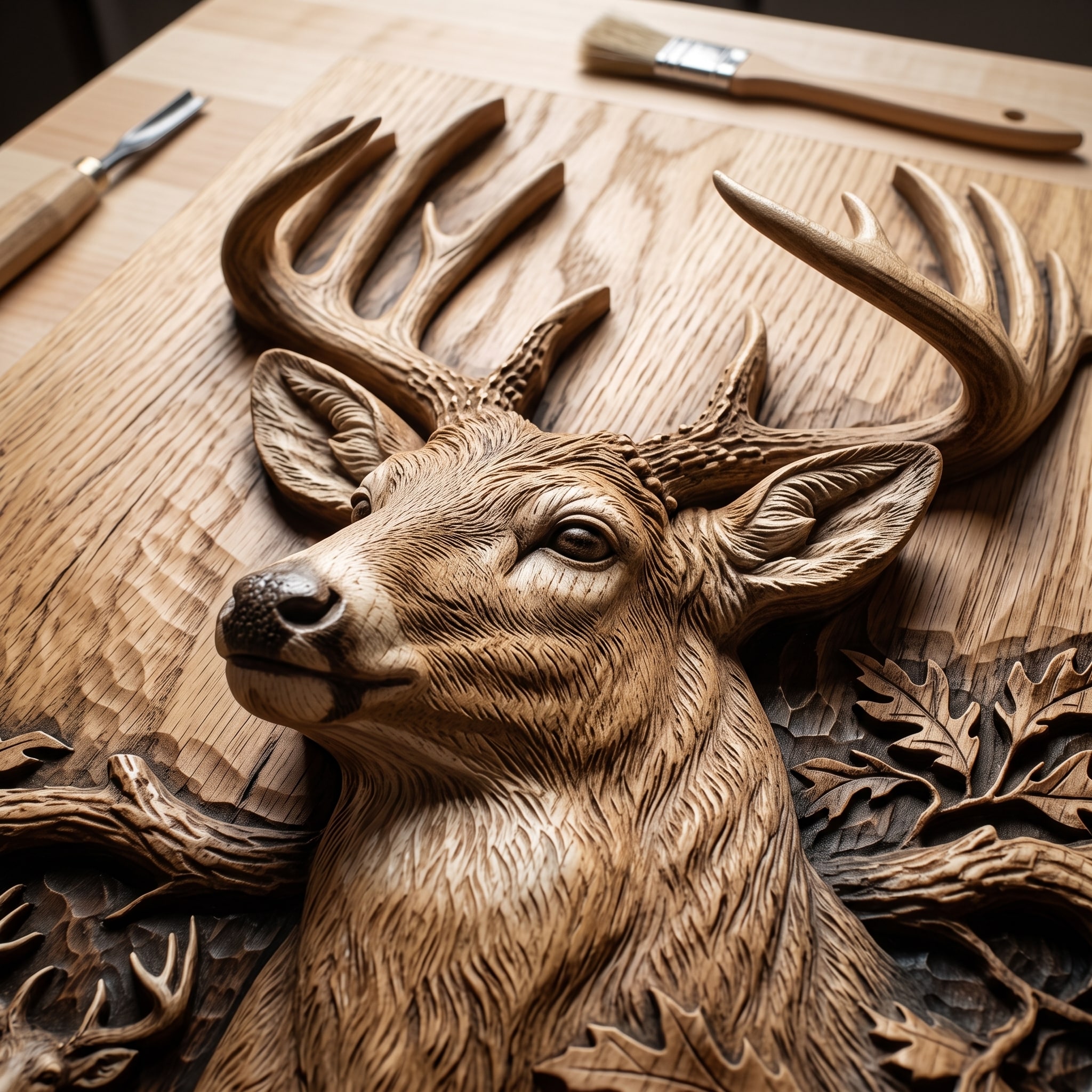 The buck's head carved in white oak, the coarse grain competing with the detail