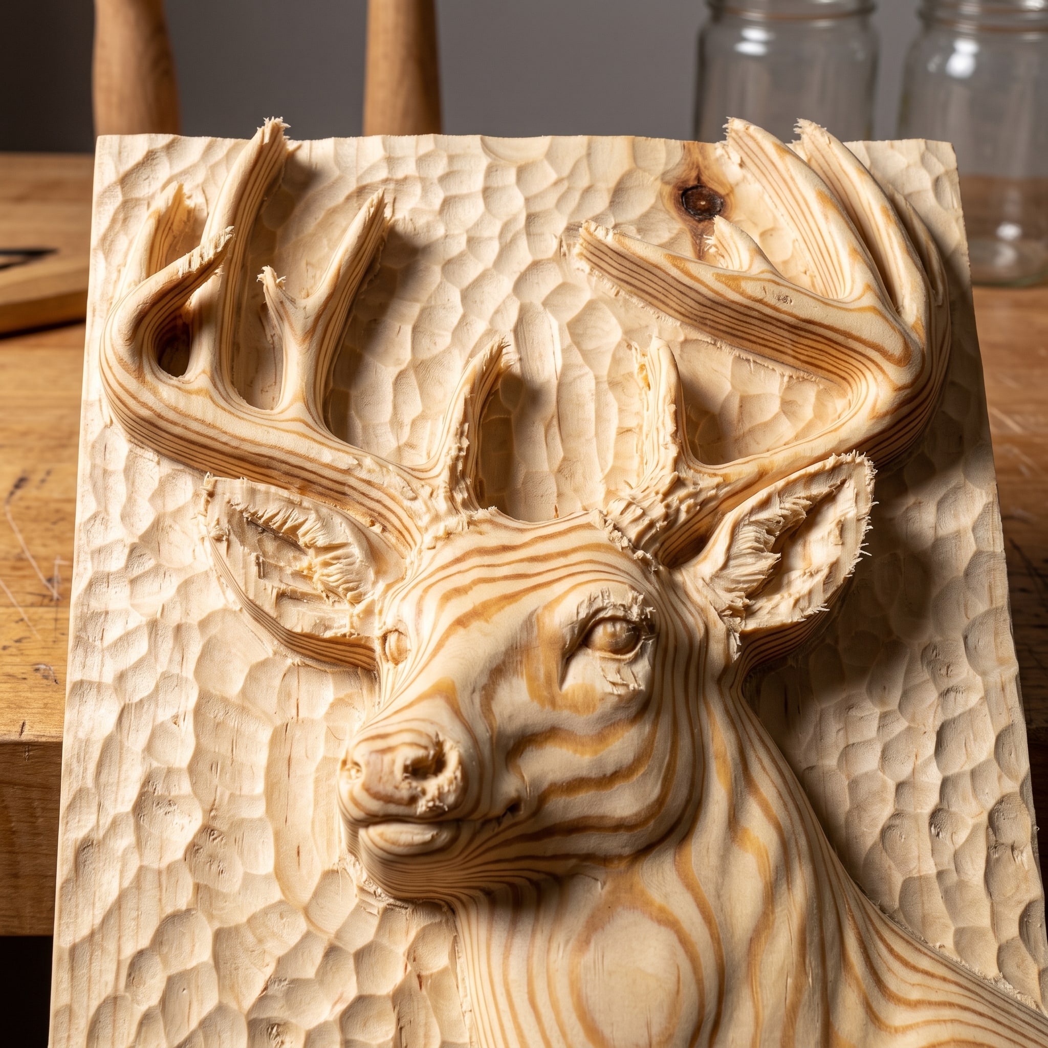 The buck's head carved in pine, with tear-out on the fine detail