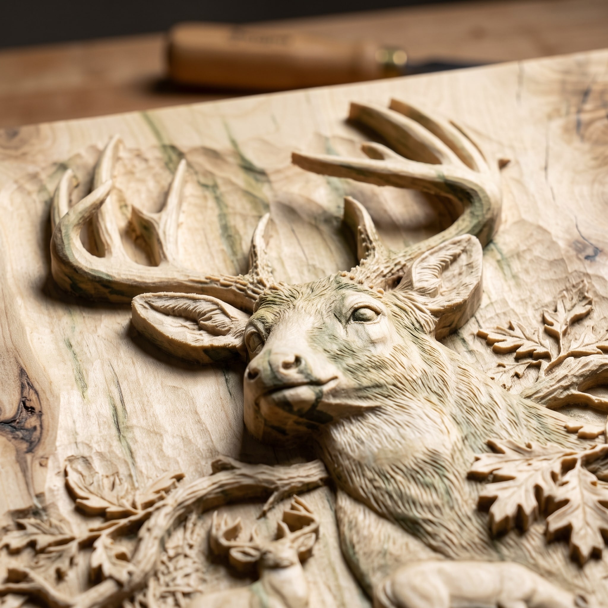 The buck's head carved in poplar with its green and grey streaks