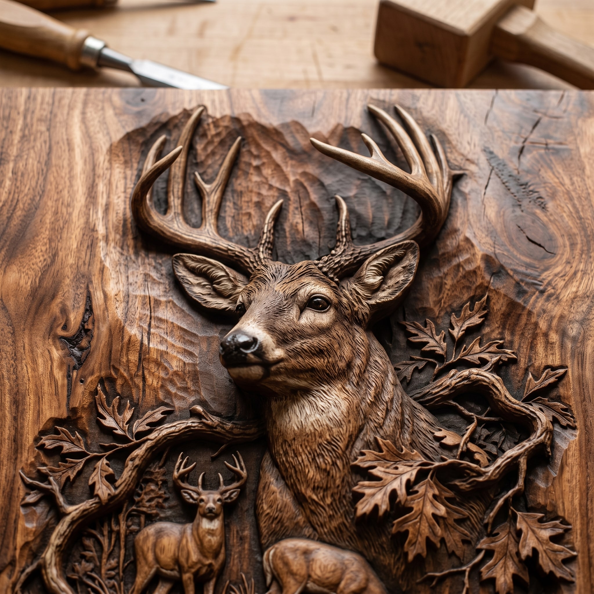 The buck's head carved in sapele with its ribbon stripe