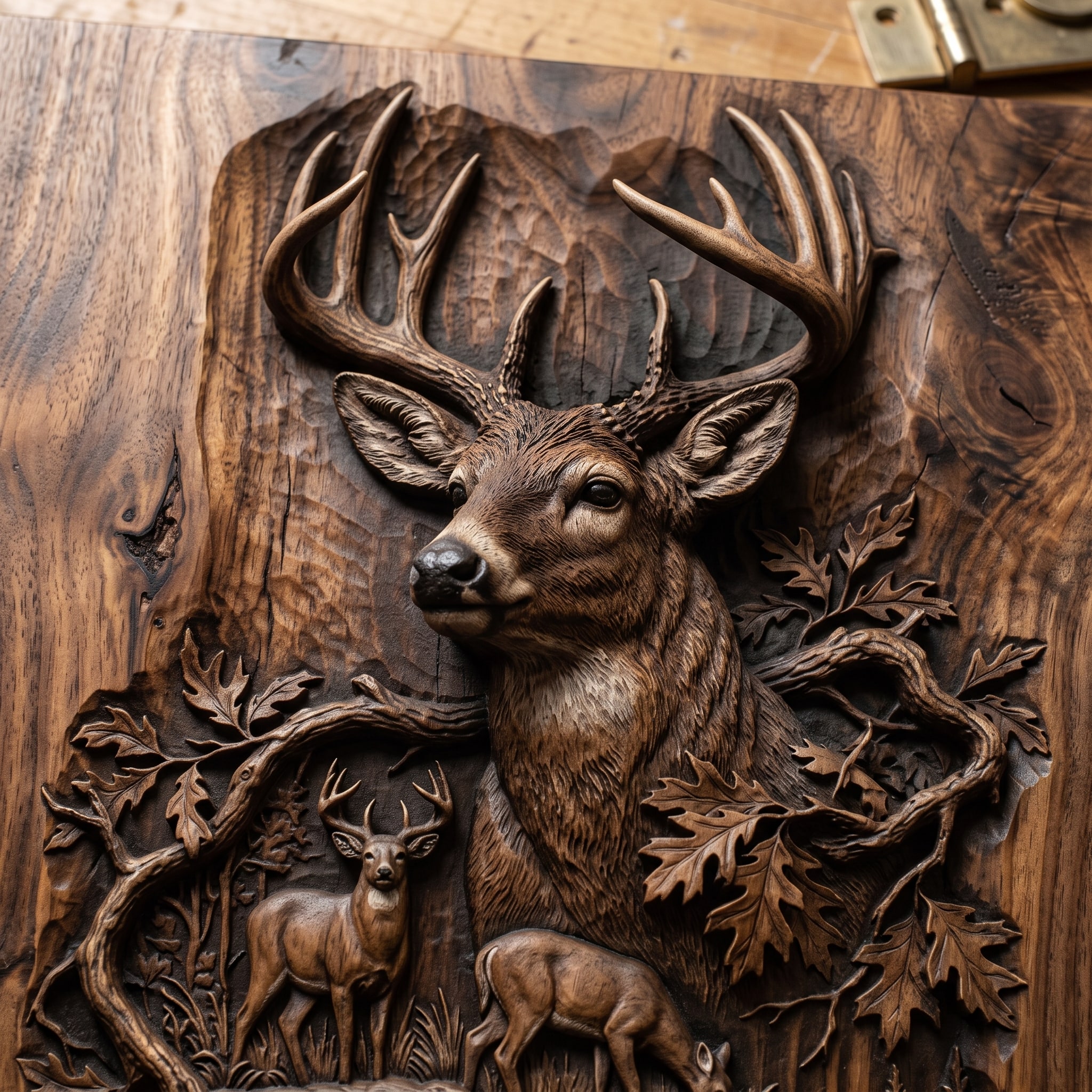 The buck's head carved in black walnut