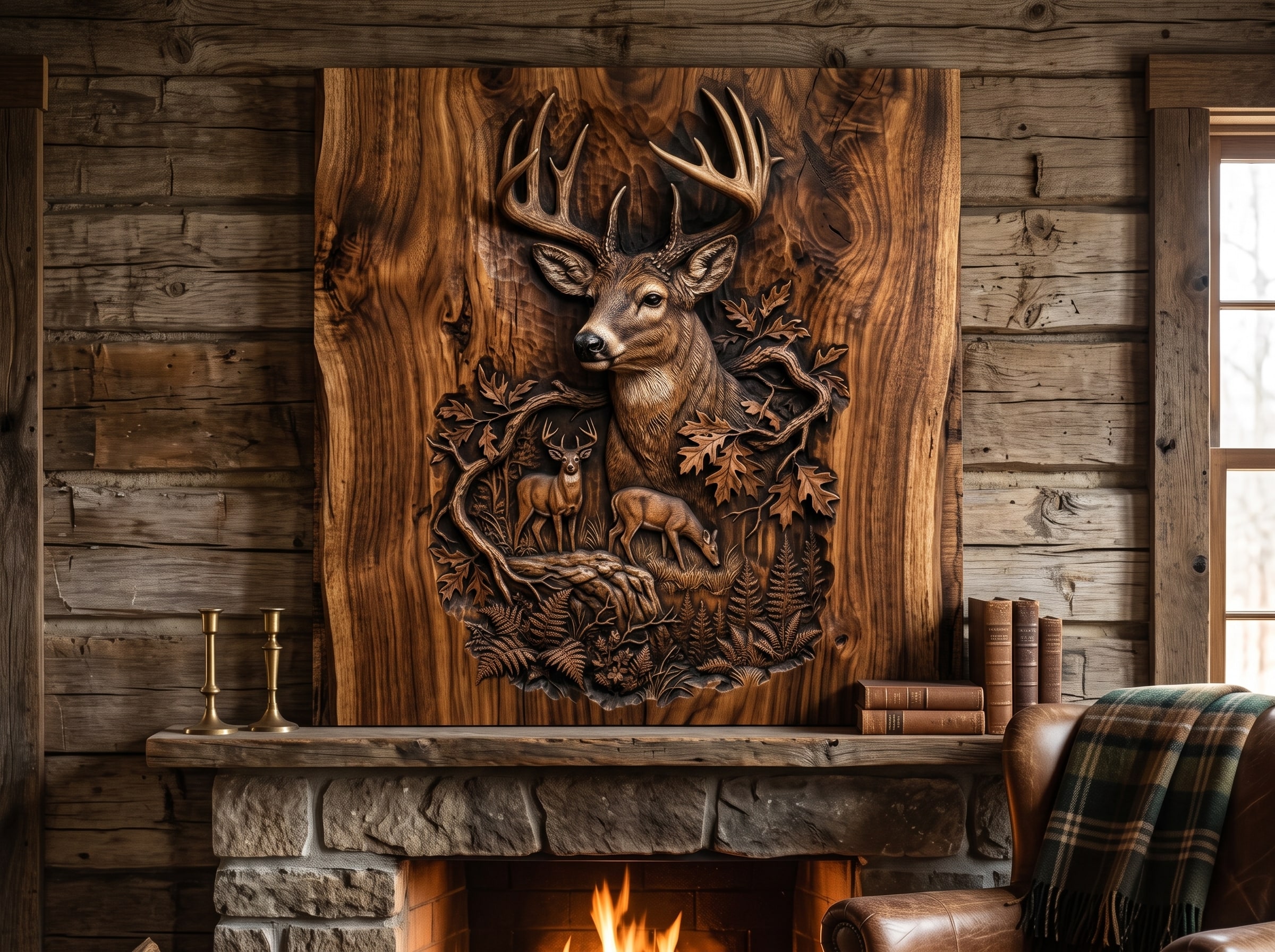 Whitetail buck relief carving hanging above a stone fireplace mantel in a log cabin