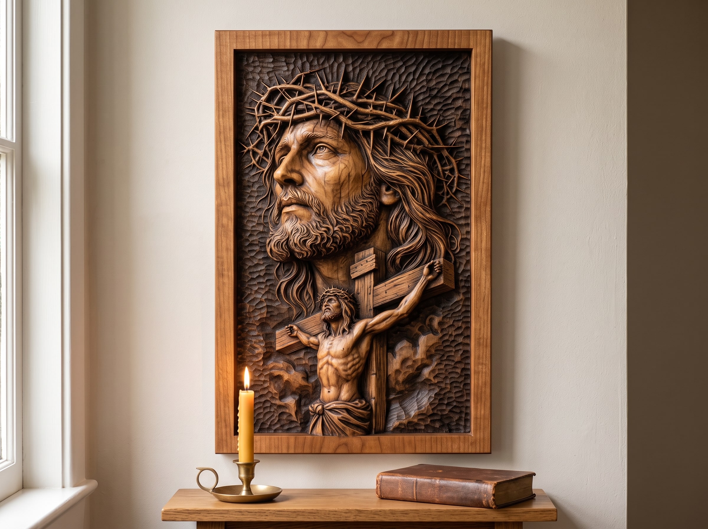 Carved Face of Christ relief on a quiet home wall beside a small shelf with a candle