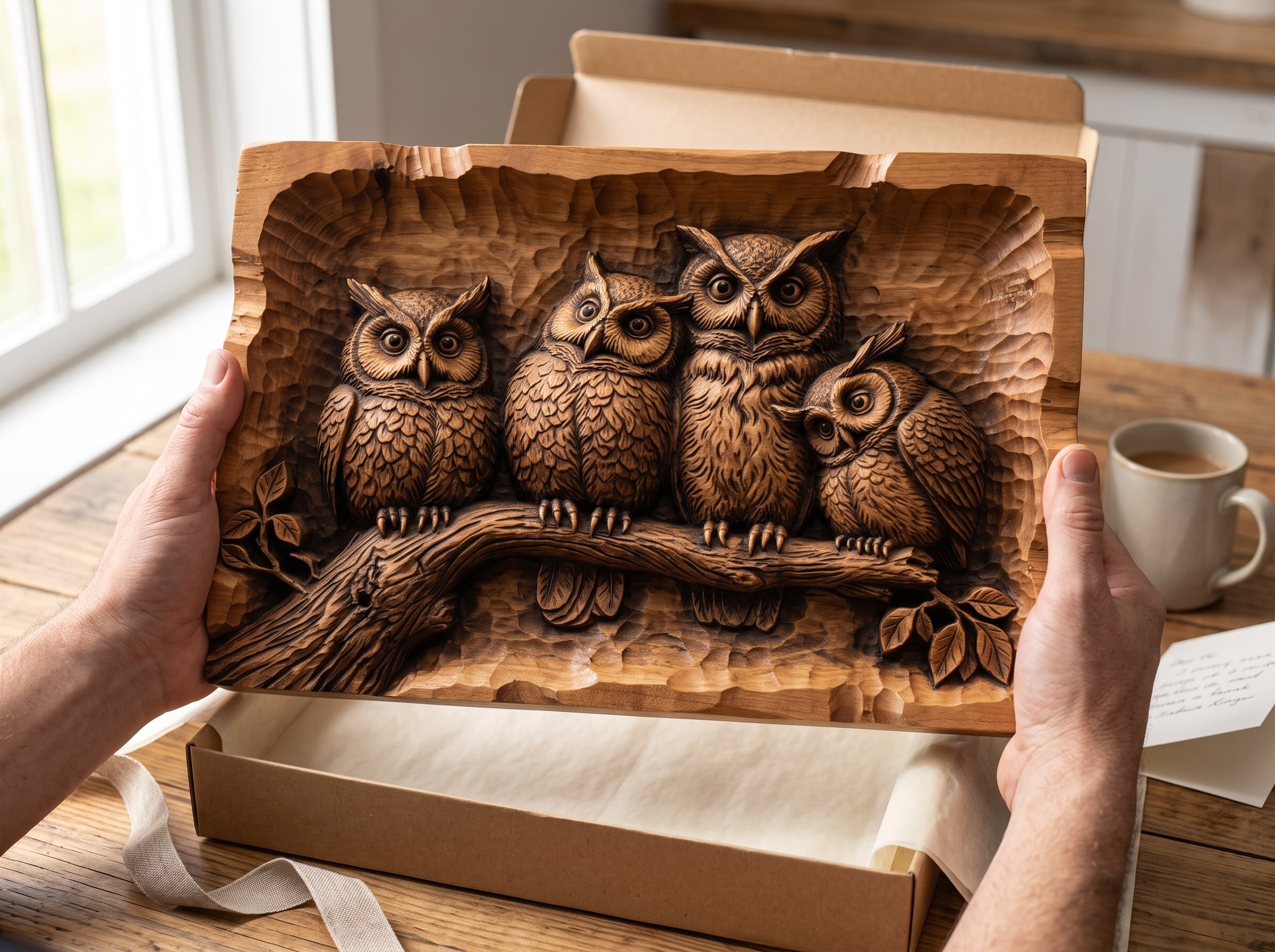 Hands lifting a carved owl family relief out of a gift box at a kitchen table