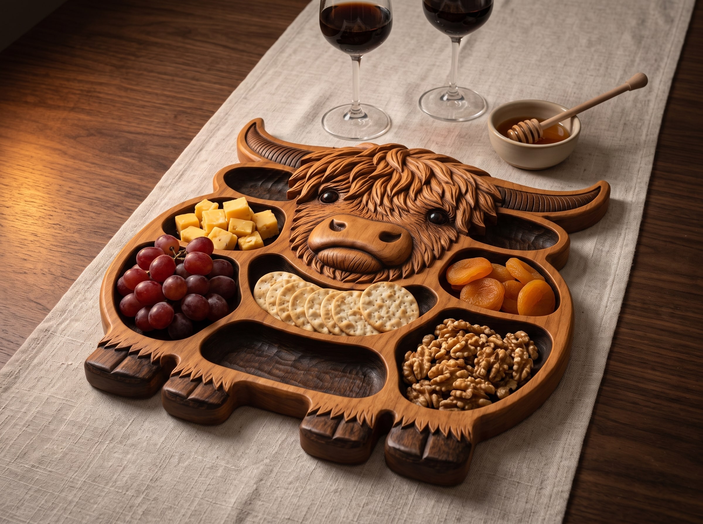 Carved Highland cow serving tray filled with cheese, grapes and crackers on a dining table