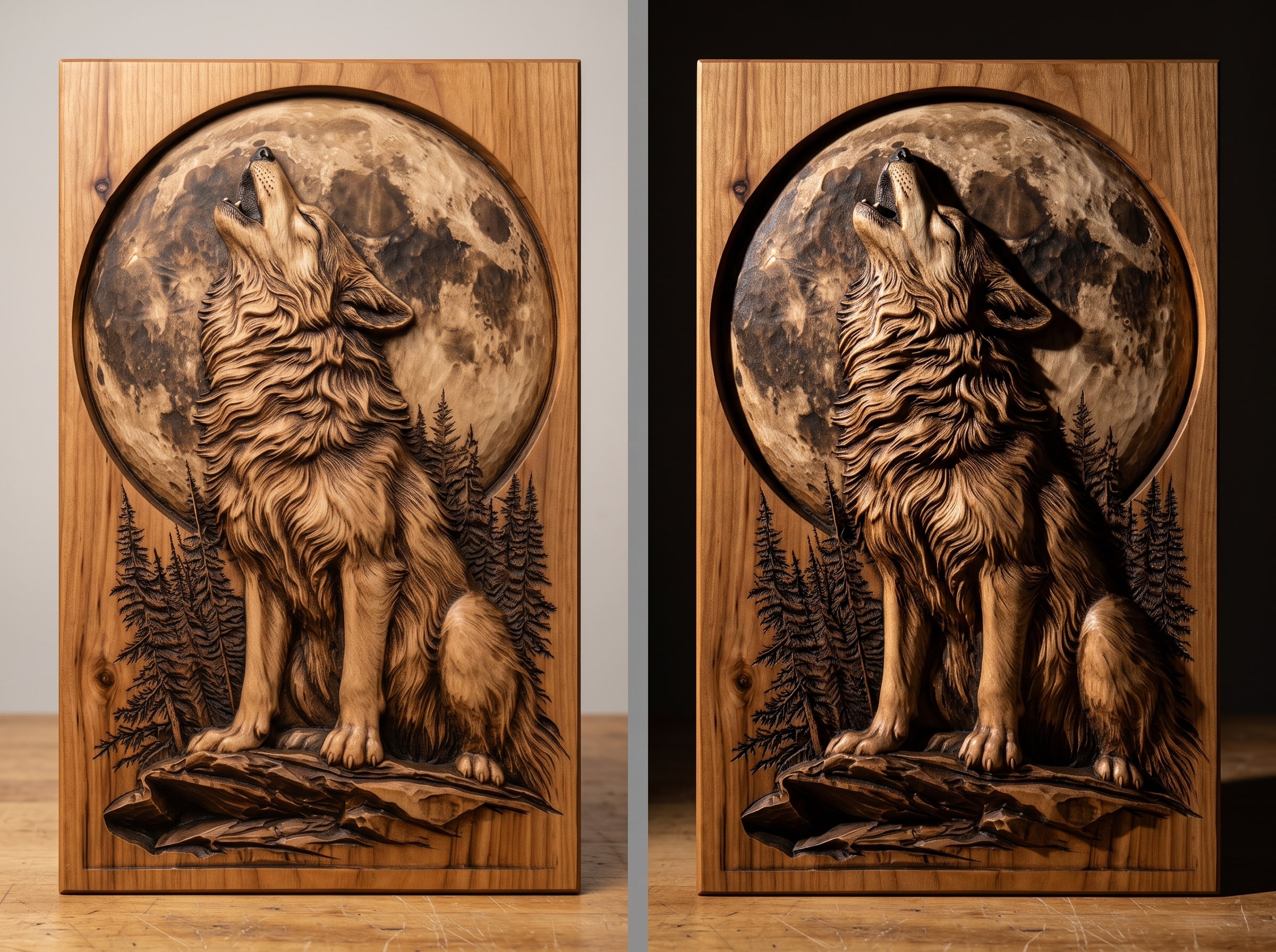 The same finished relief photographed twice: lit flat from the front it looks shallow, lit from the side it shows every level