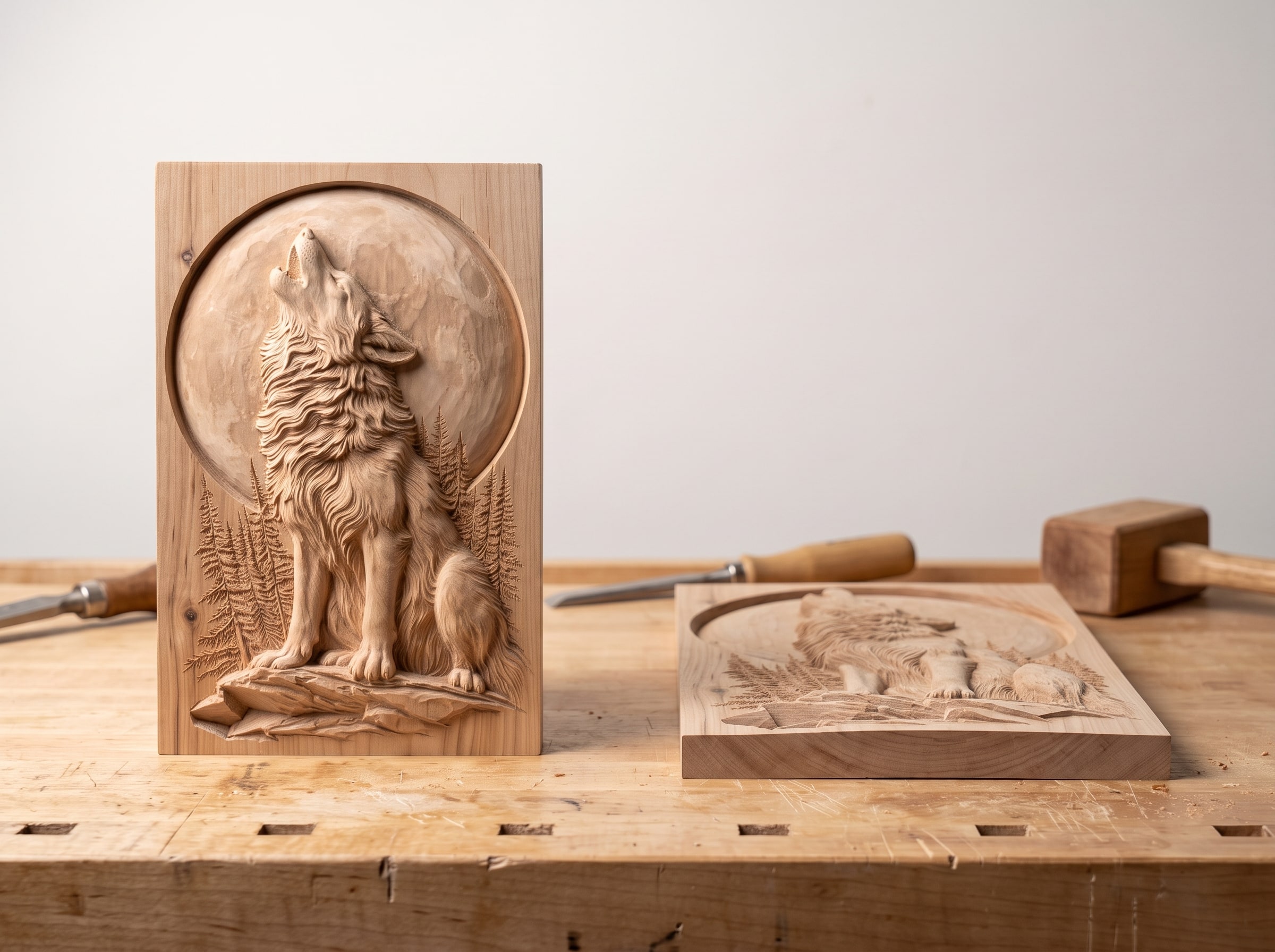 Two raw carvings of the same design edge-on: one at full depth, one with the depth crushed to fit a thin board