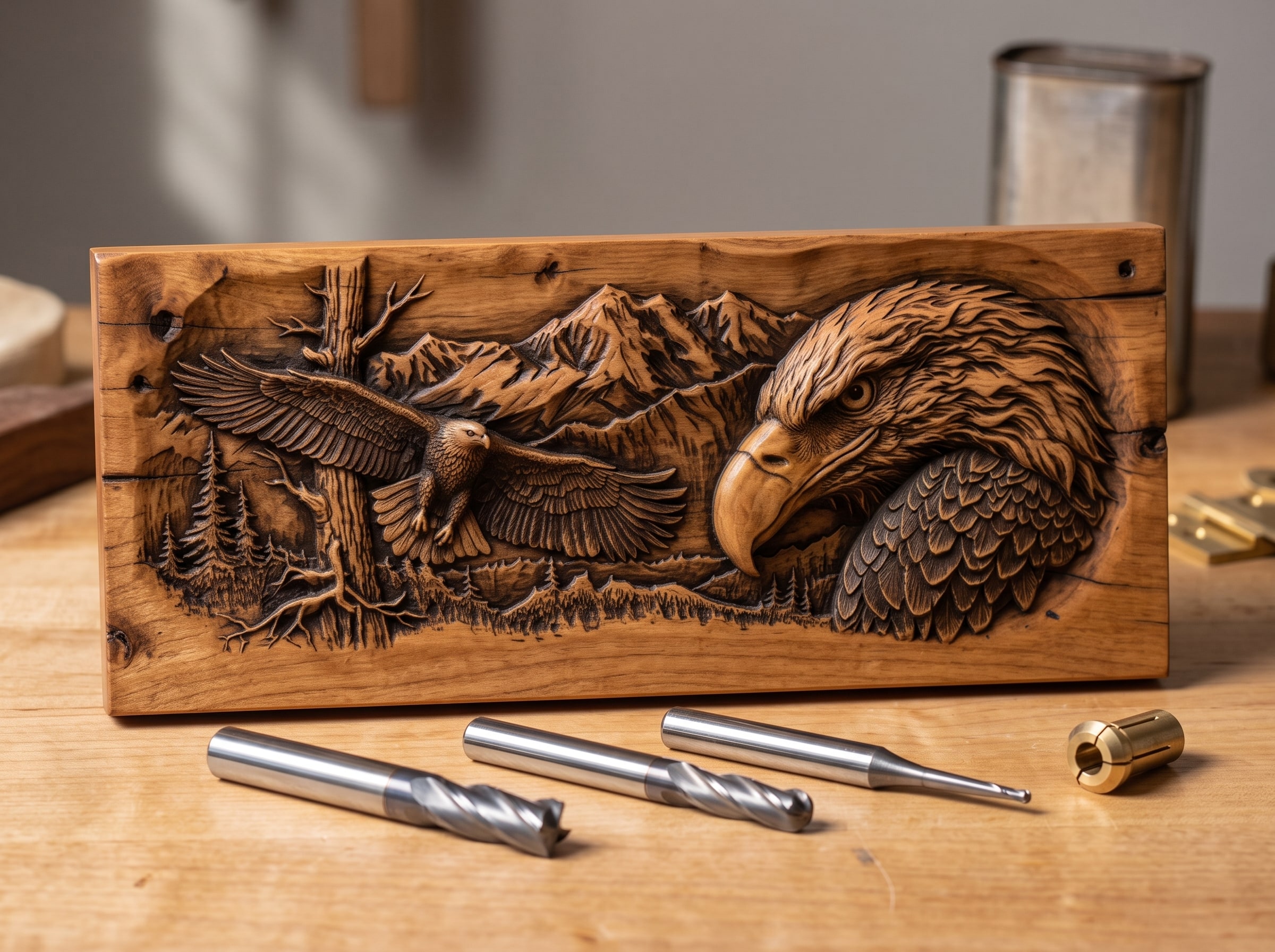 The three cutters that carve a relief, laid beside the finished panel: a flat end mill, a 1/8 inch tapered ball nose and a 1/16 inch tapered ball nose