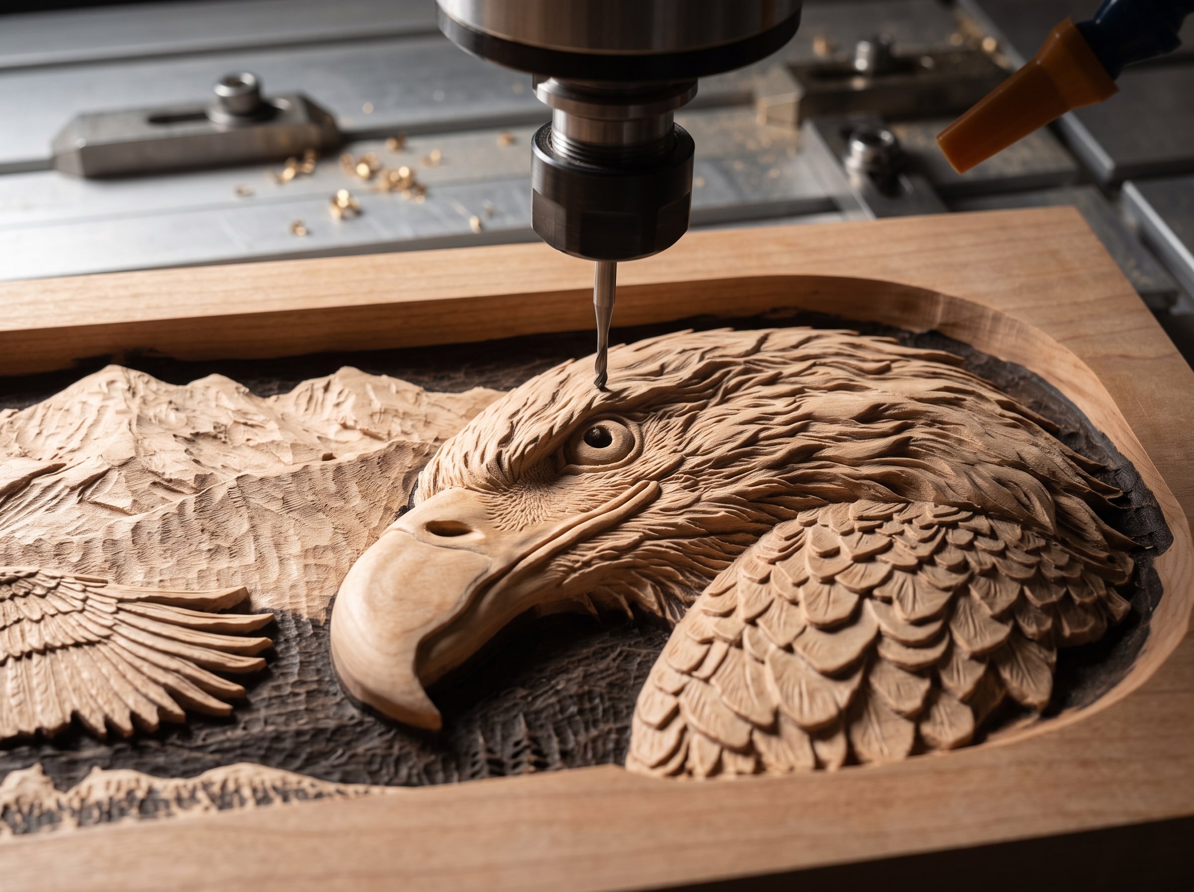 Final finishing pass with a 1/16 inch tapered ball nose confined to the eagle's head, sharp beside the scalloped background