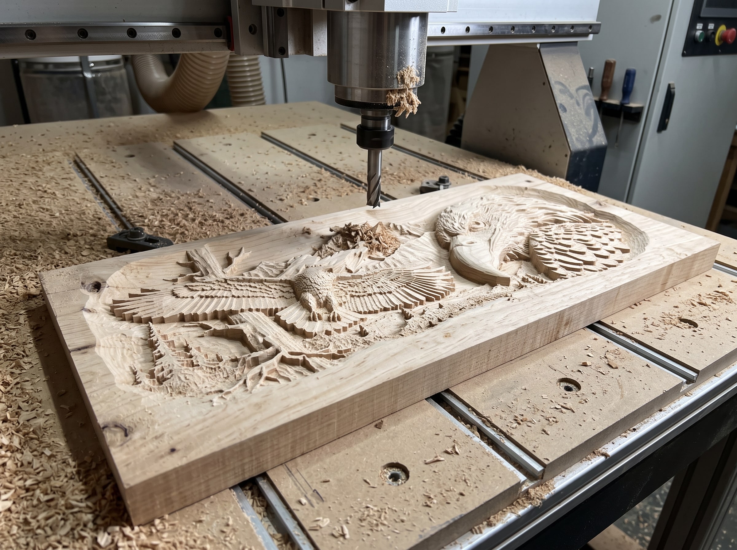 Roughing pass on a relief carving: a flat end mill has cut the design as coarse stepped terraces