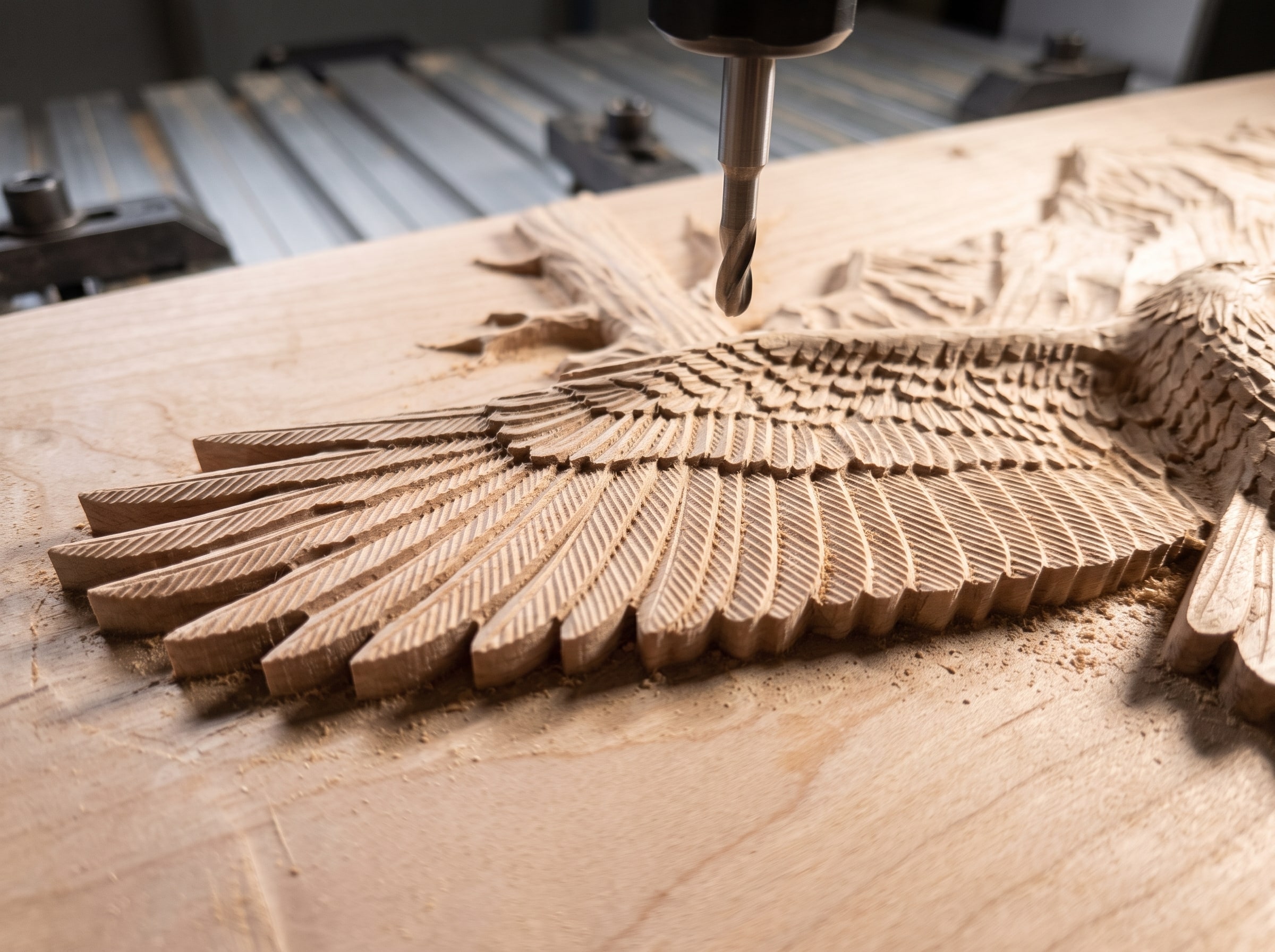 Semi-finishing pass with a 1/8 inch tapered ball nose leaving a fine visible scallop pattern across the relief