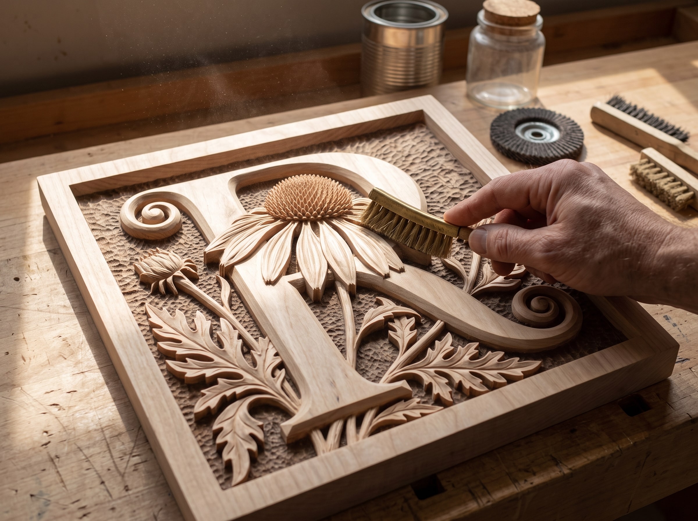 Removing machining fuzz from a relief carving with a soft brass brush