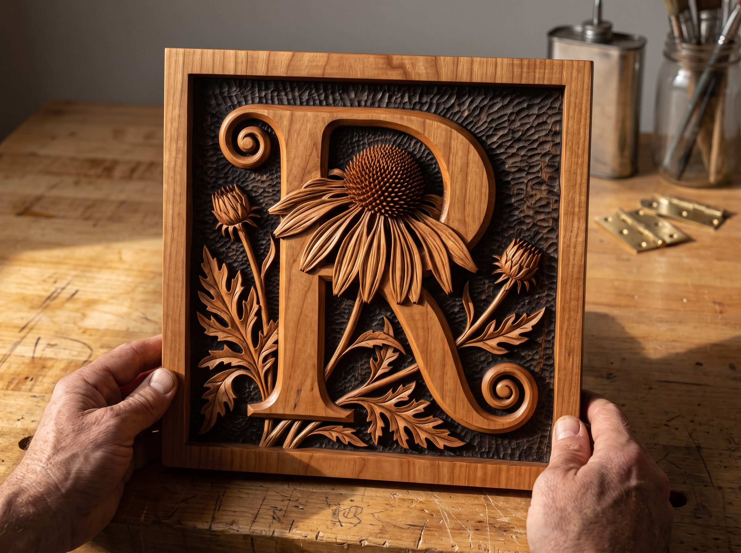 Finished cherry relief carving with dark antiqued recesses and satin high points