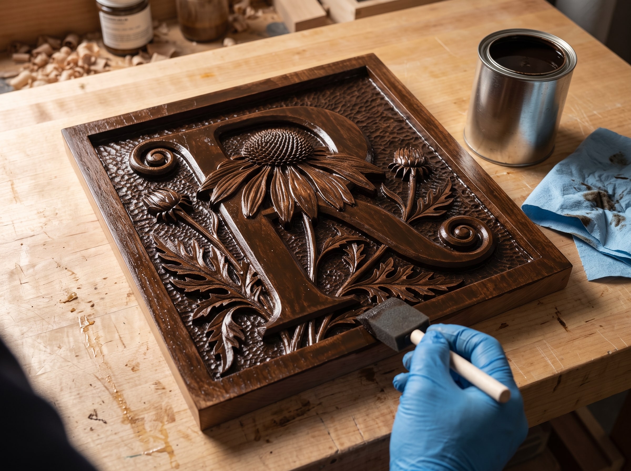 Dark glaze applied over the whole relief carving before it is wiped back
