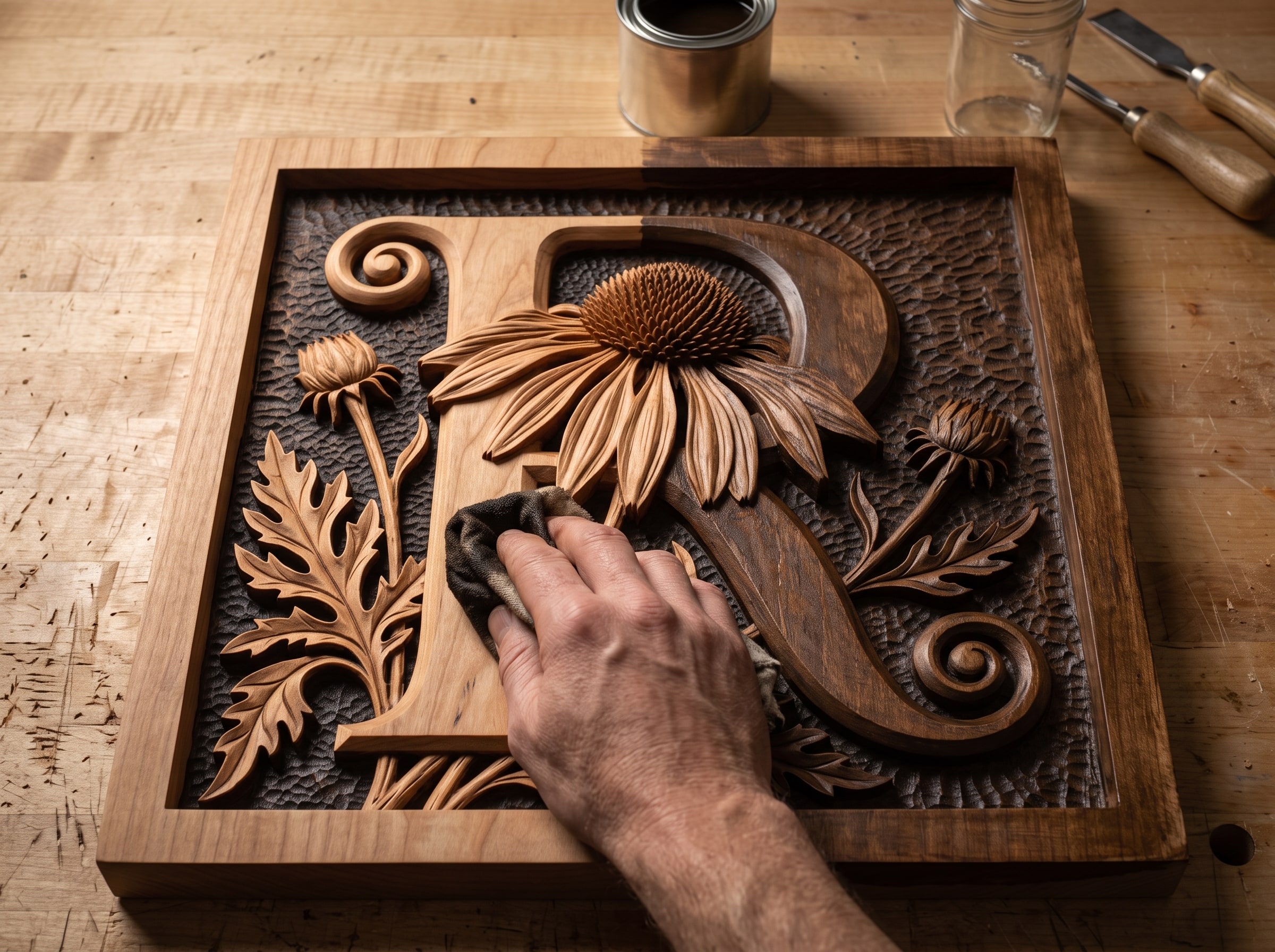 Wiping dark glaze back off the high points so the relief depth reads, half done