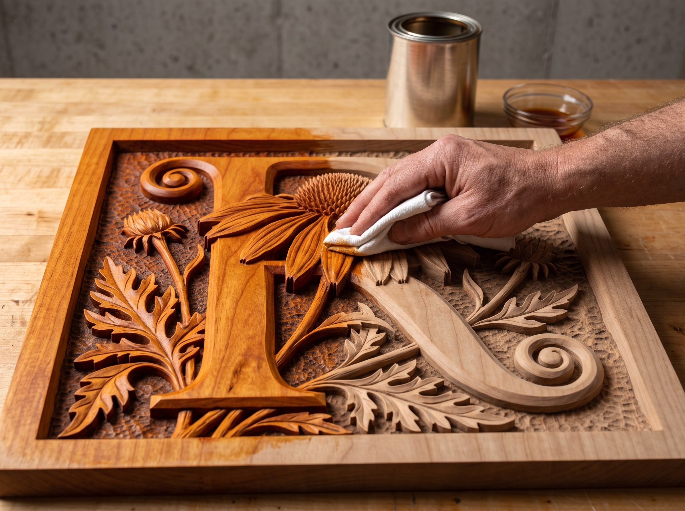 Wiping Danish oil onto a carved relief panel with a cloth