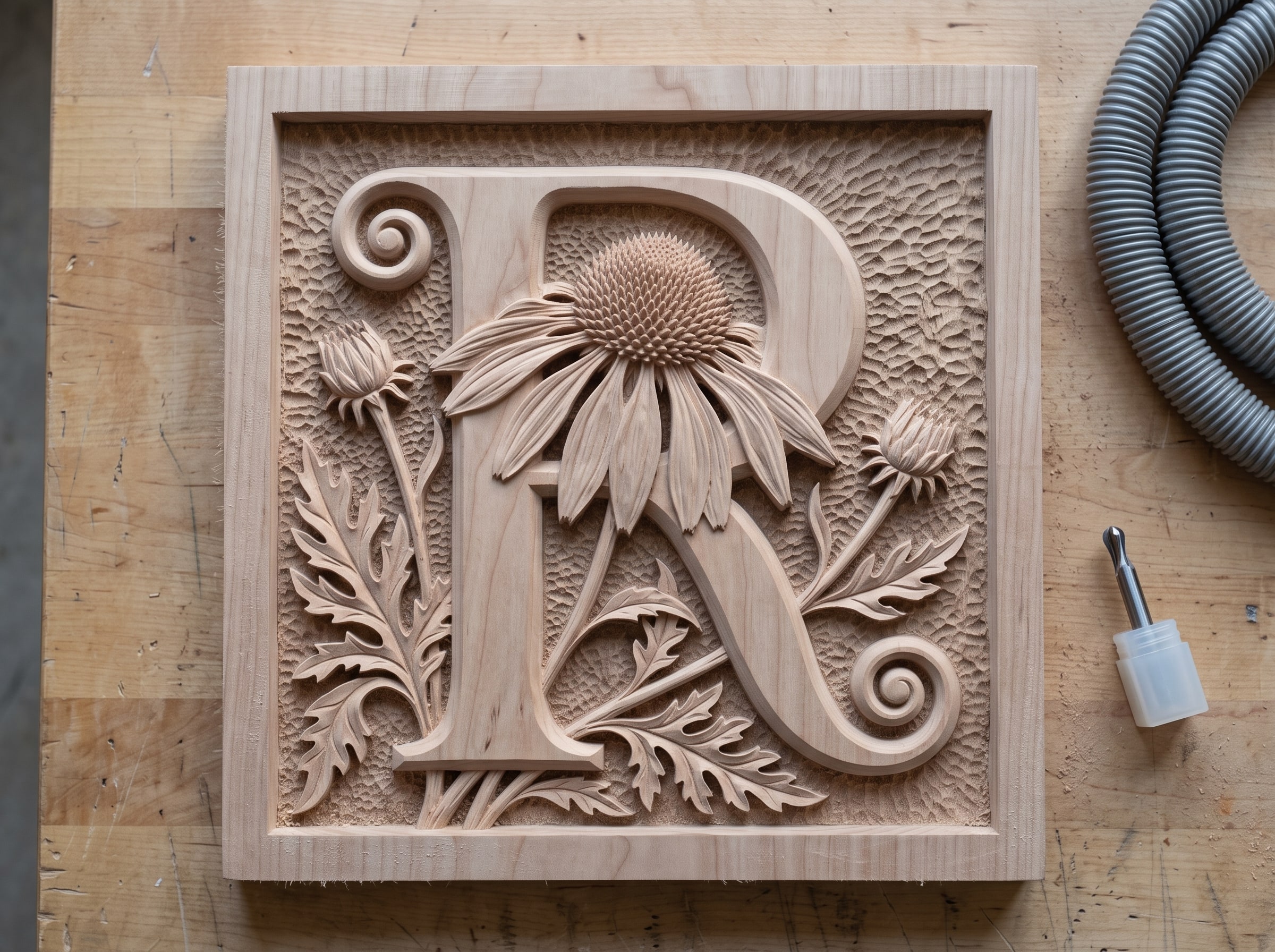 CNC relief carving straight off the machine, pale and fuzzy with visible tool marks