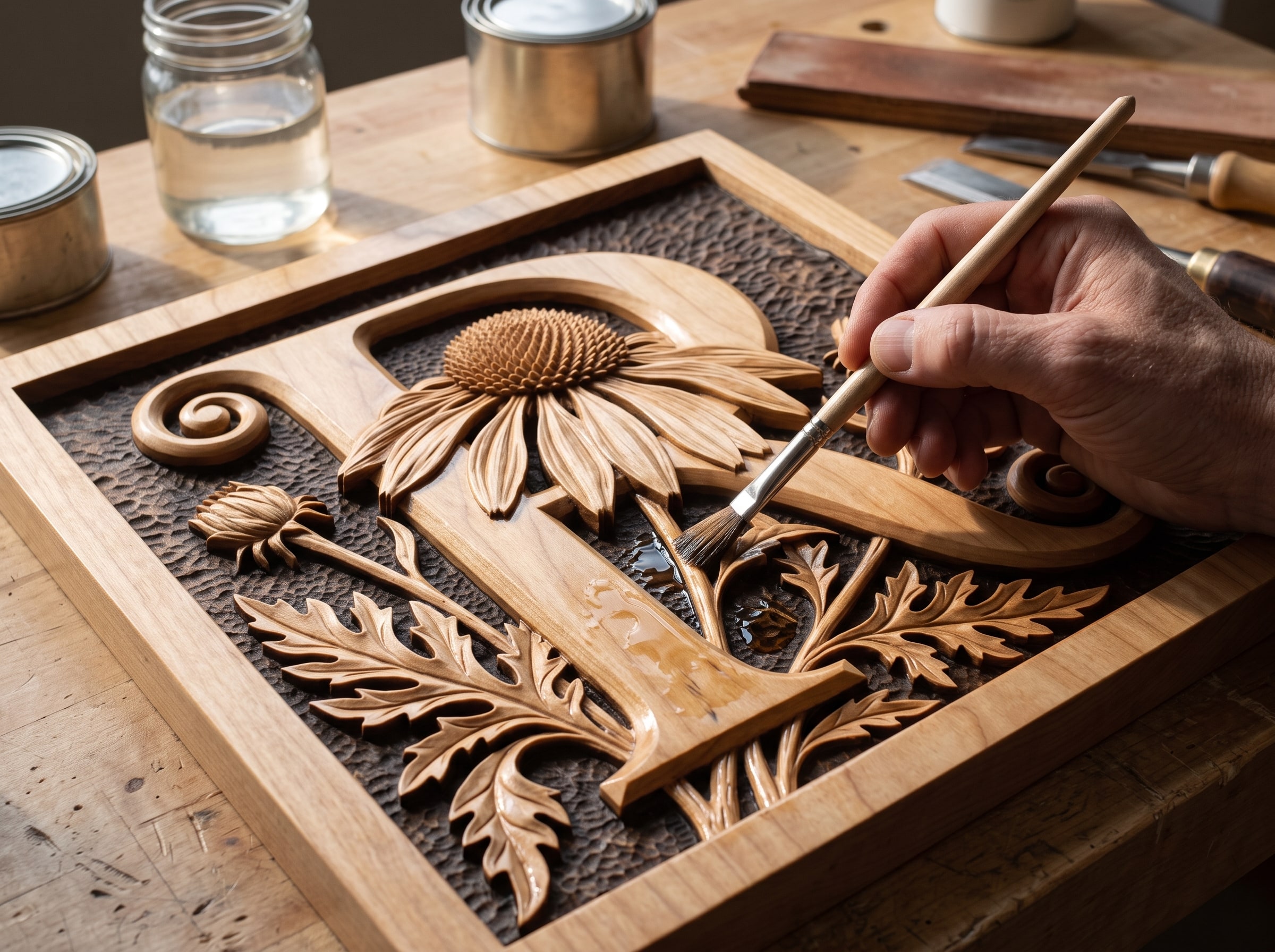 Pulling pooled finish out of the deep recesses of a carving with a dry brush