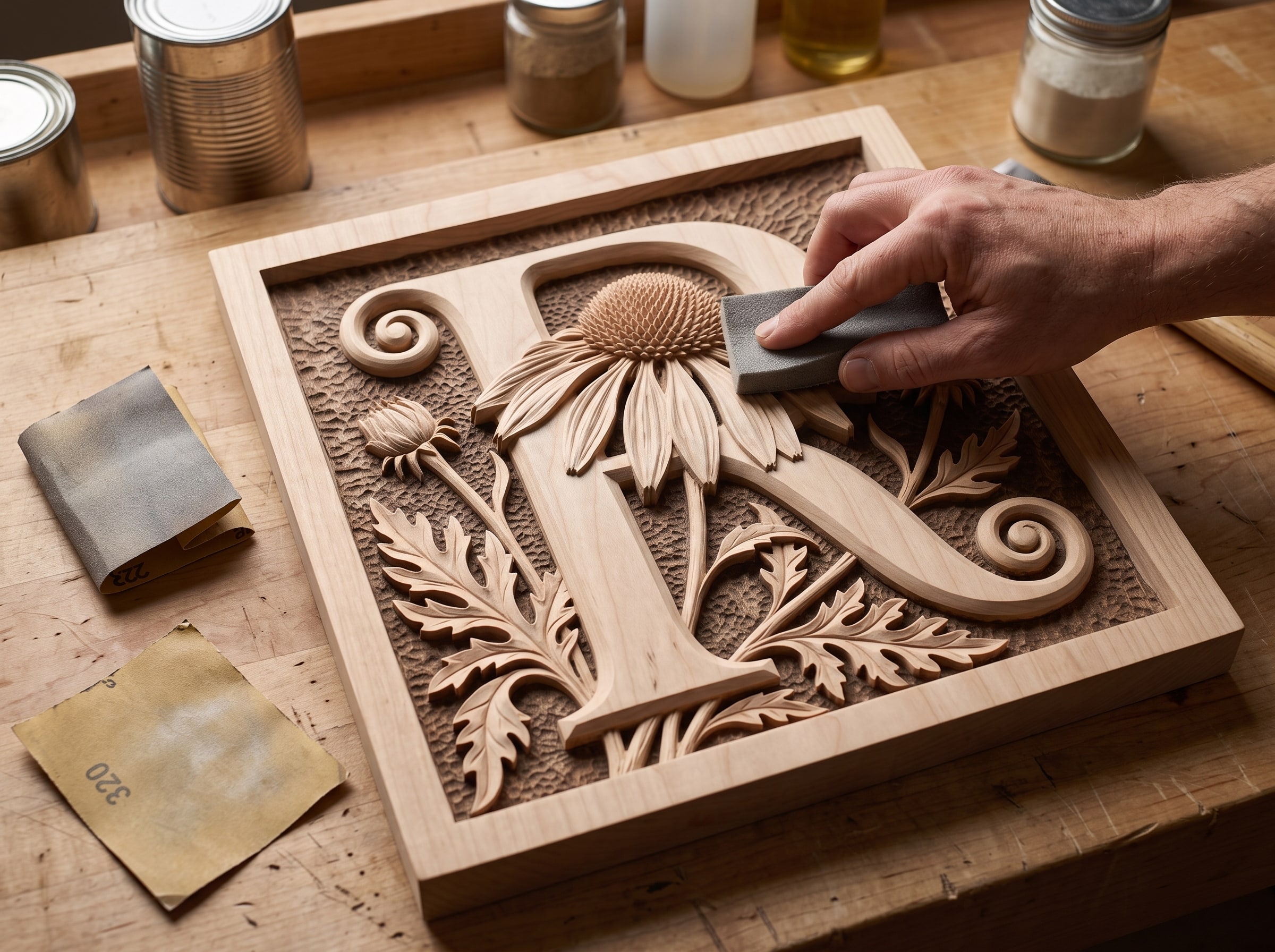 Sanding only the high points of a bas relief carving with a fine sanding sponge