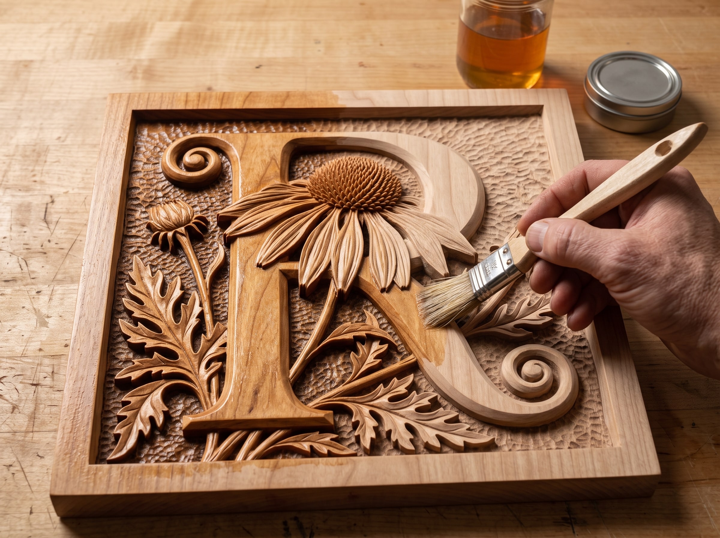 Brushing dewaxed shellac sealer onto a carved cherry panel before staining