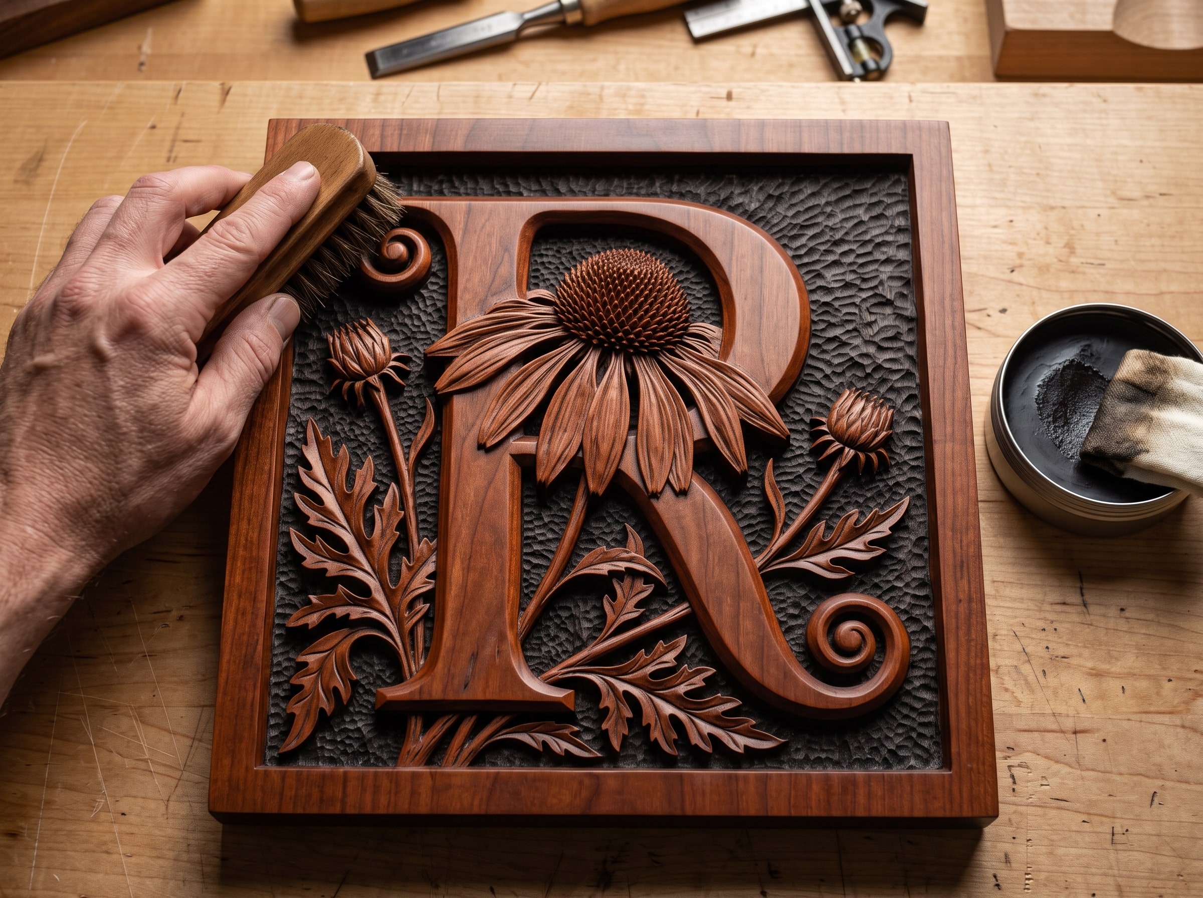 Buffing dark paste wax on a finished relief carving with a shoe brush