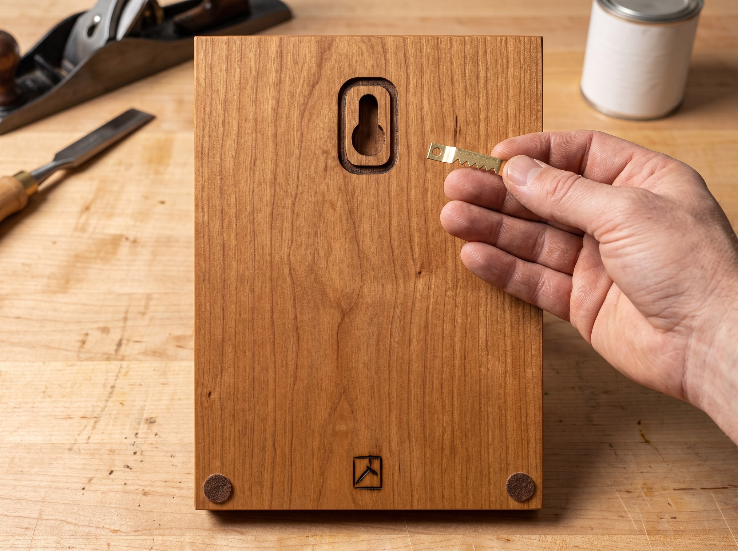 The back of the finished panel with a keyhole slot, felt bumpers and the maker's initials burned in