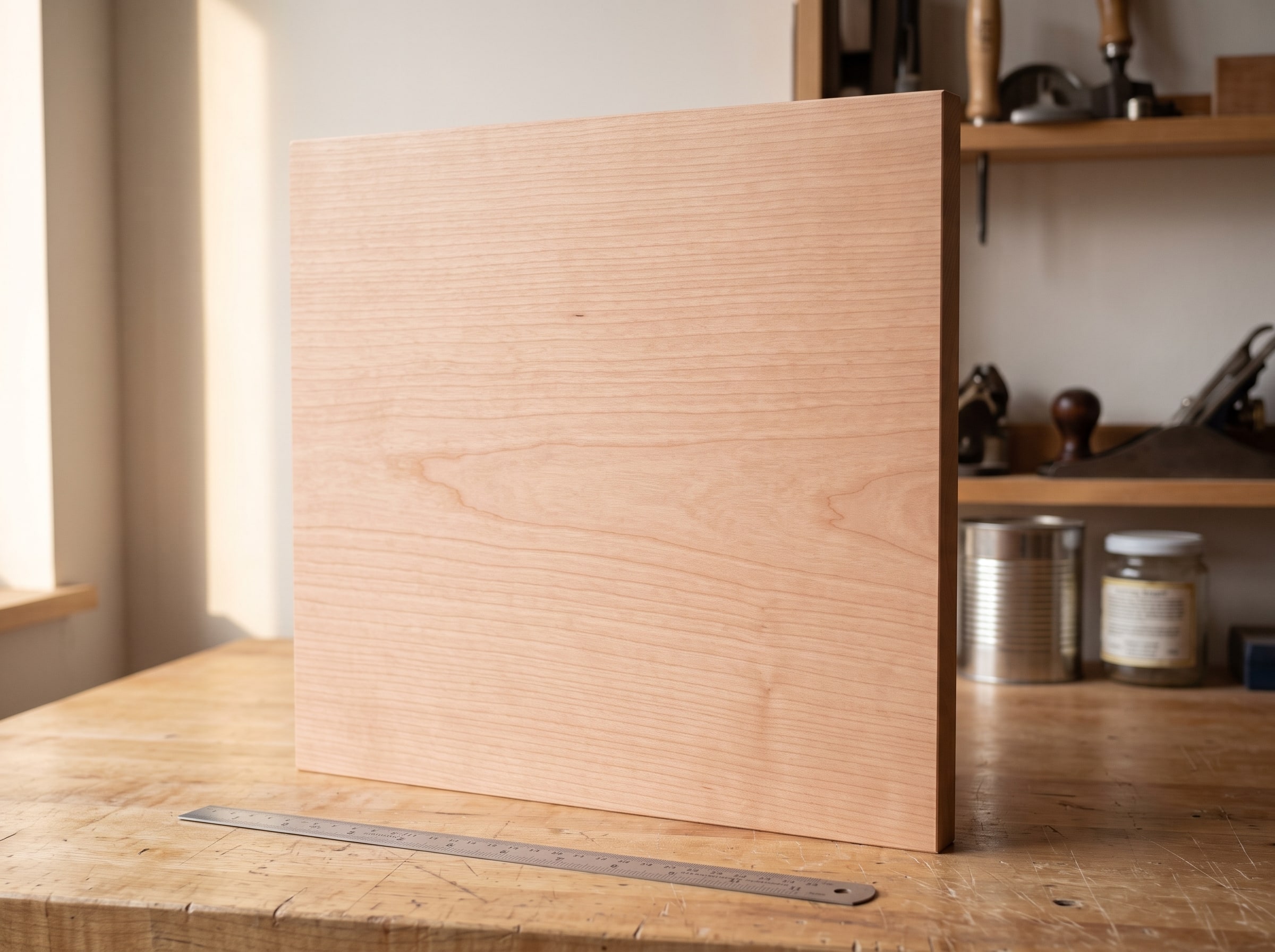 A plain one inch cherry board, 300 by 350 mm, standing on edge on the workbench with a steel rule beside it