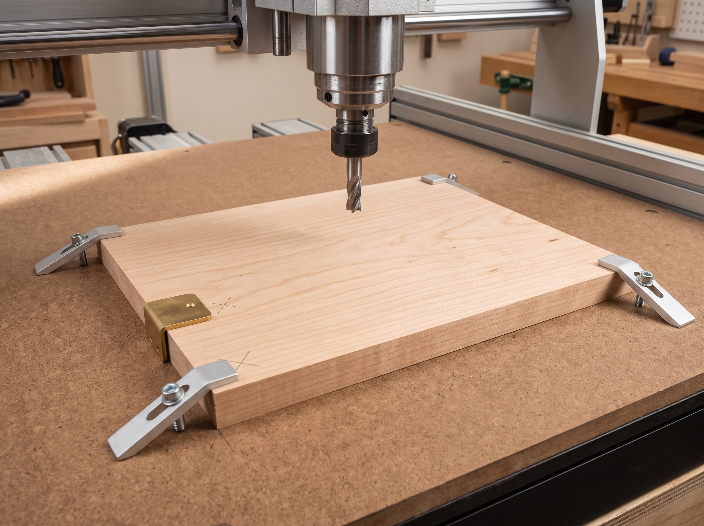 A blank cherry board clamped flat on a CNC spoilboard with four low clamps at the corners, ready to carve