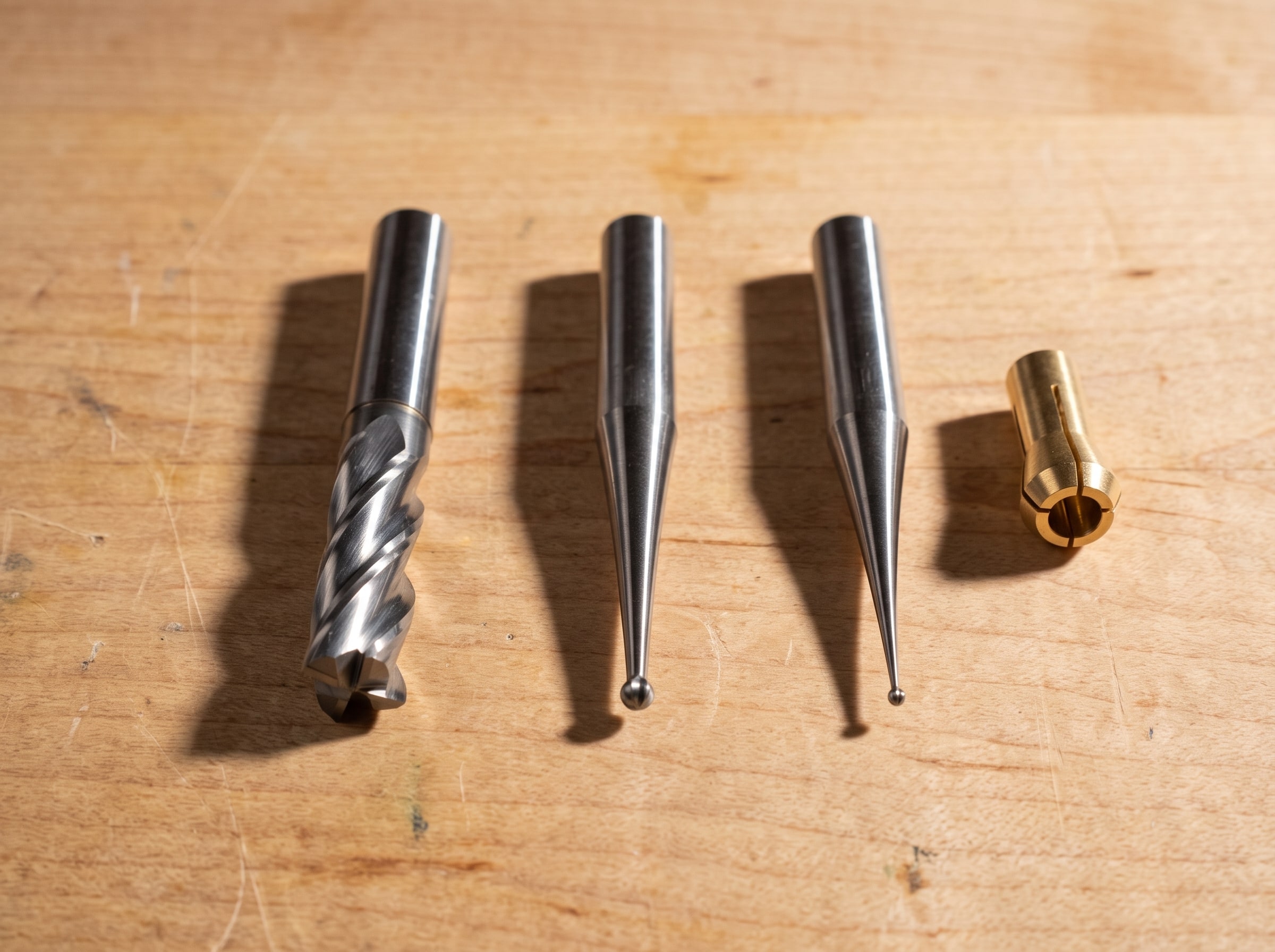 The three cutters for a first relief carving: a quarter inch flat end mill, a 1/16 inch tapered ball nose and a 1/32 inch tapered ball nose
