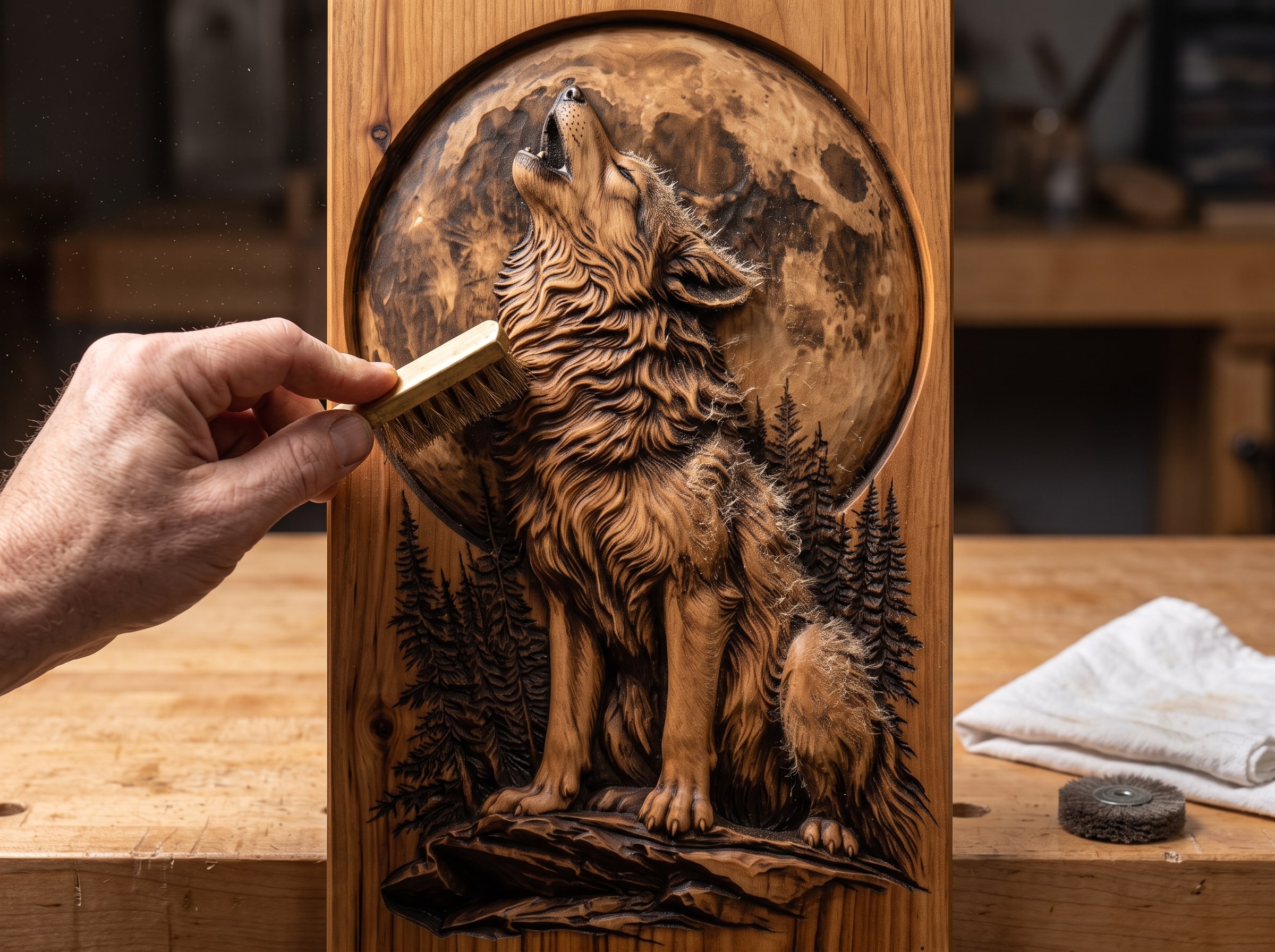 A soft brass brush lifting the machining fuzz off the raw wolf carving, the brushed half visibly cleaner
