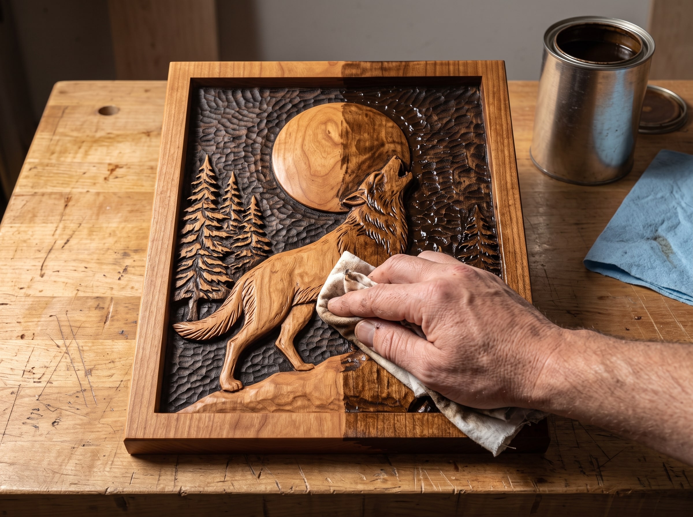 Dark glaze being wiped back off the wolf carving with a rag, the wiped half showing the finished contrast