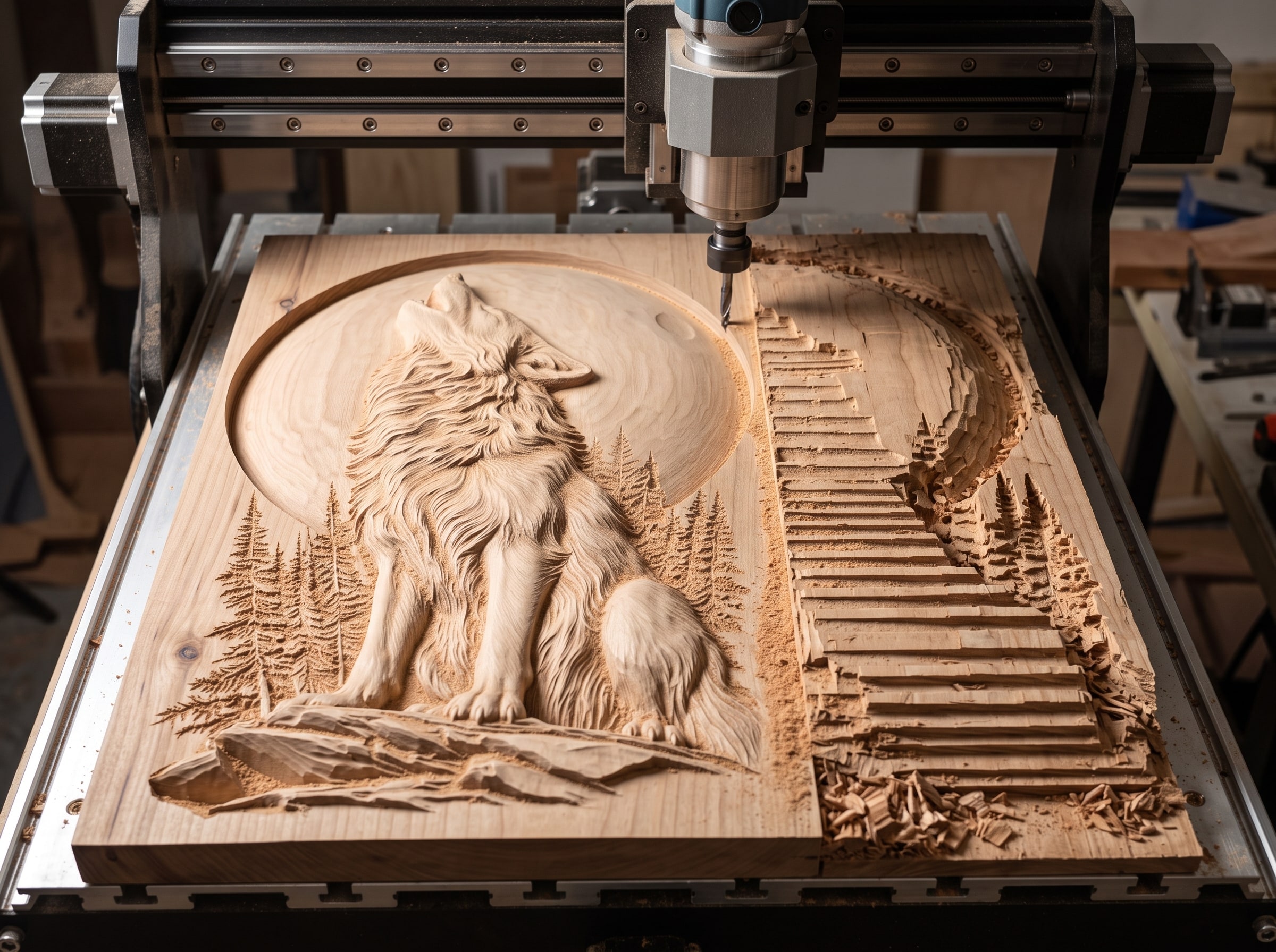 The wolf relief mid semi-finish on the machine, a tapered ball nose smoothing the roughed terraces into the finished surface