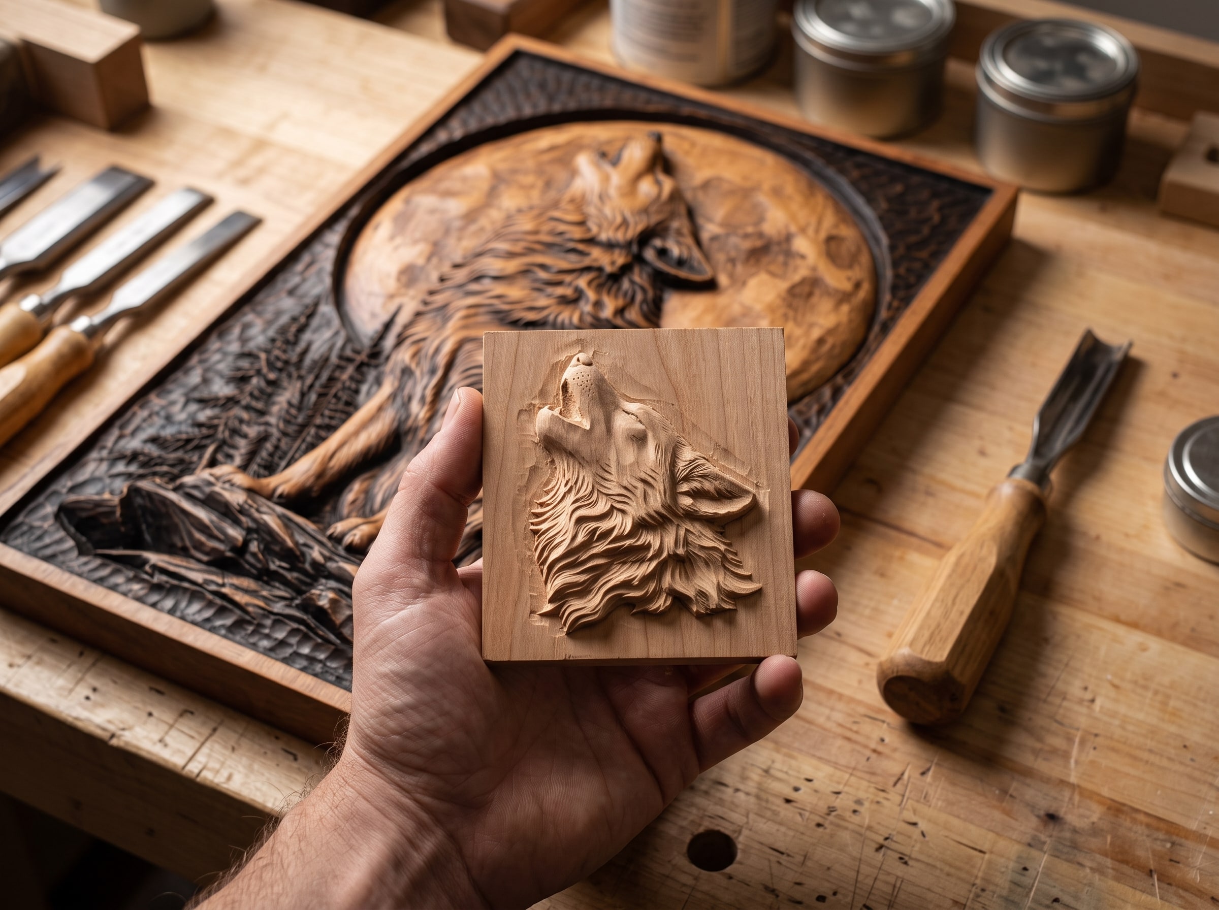 A small test tile with the wolf's head carved on a cherry offcut, held beside the blank board