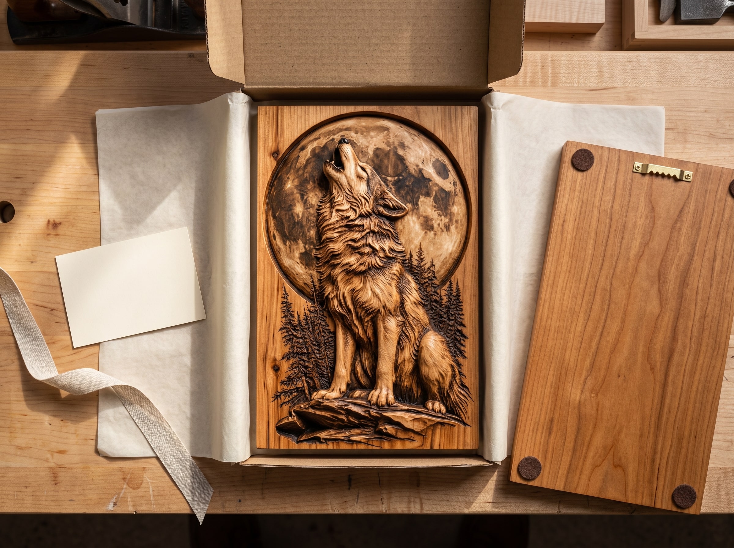 A finished wolf relief packed in a kraft box with tissue paper, a blank card and a sawtooth hanger fitted on the back