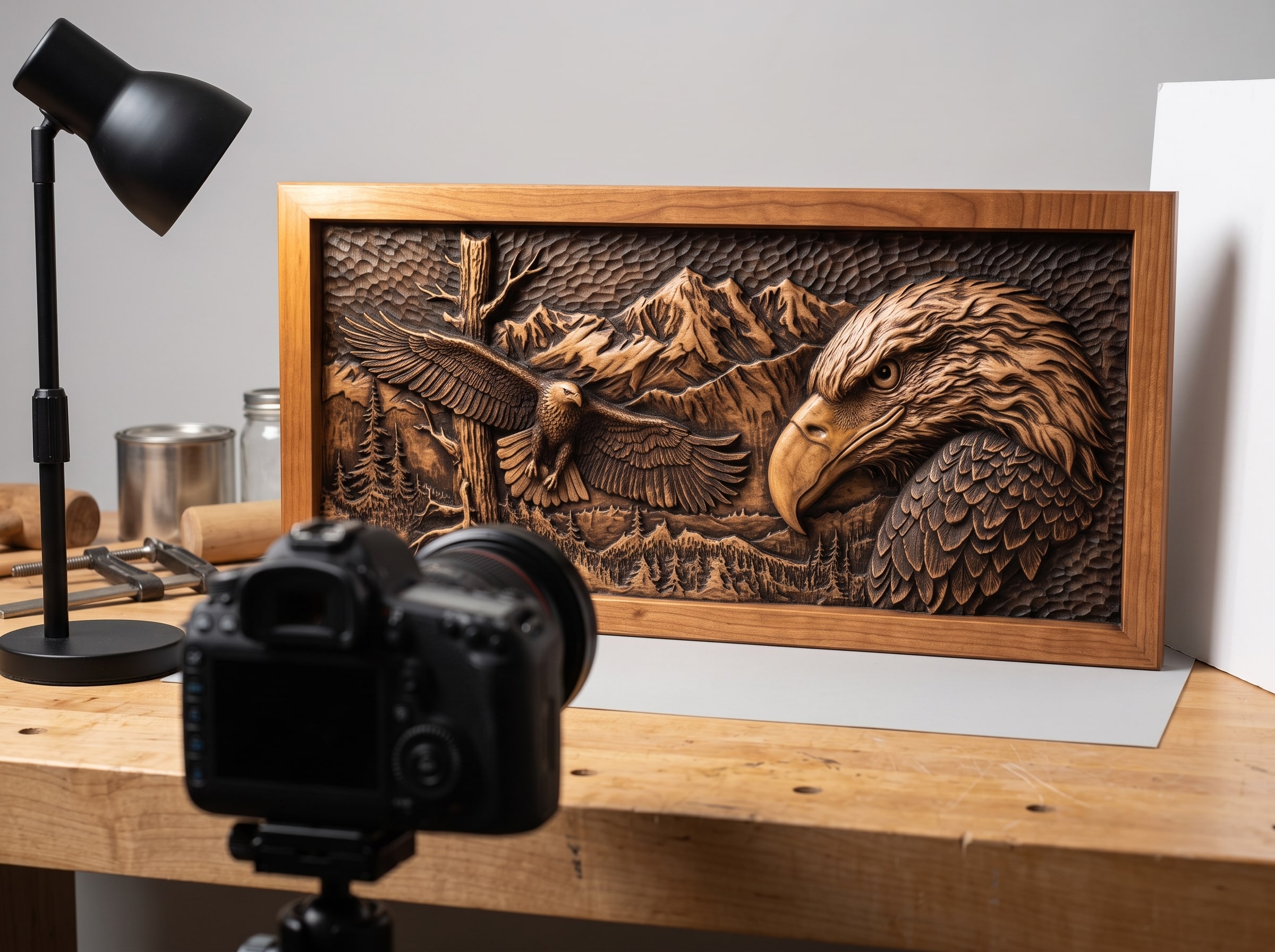 A finished eagle relief being photographed on a plain background with a single lamp raking across it from the side