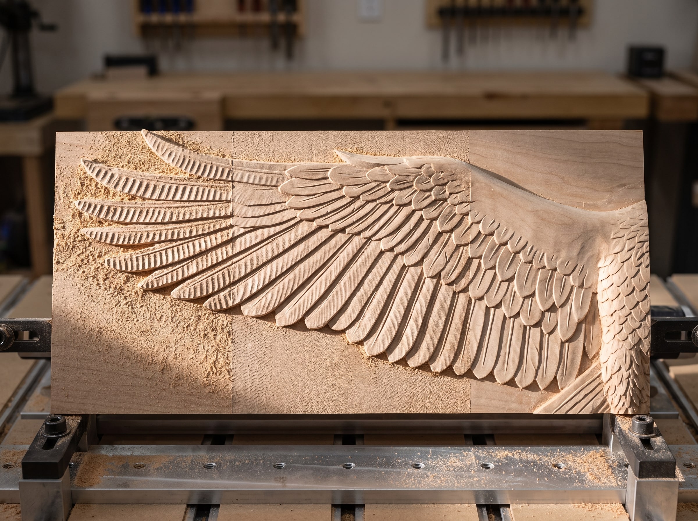 Three strips of the same carved wing at 25, 12 and 8 percent stepover, showing coarse, fine and invisible scallops