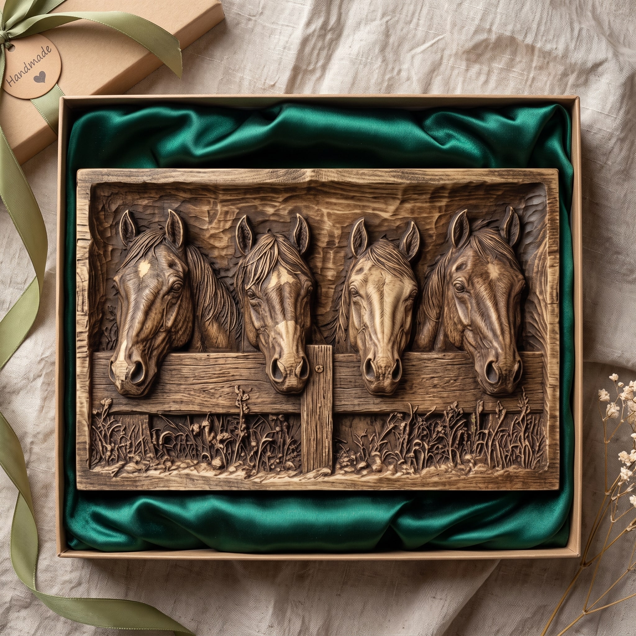 Four Ranch Horses Over a Weathered Fence Relief STL carved in wood