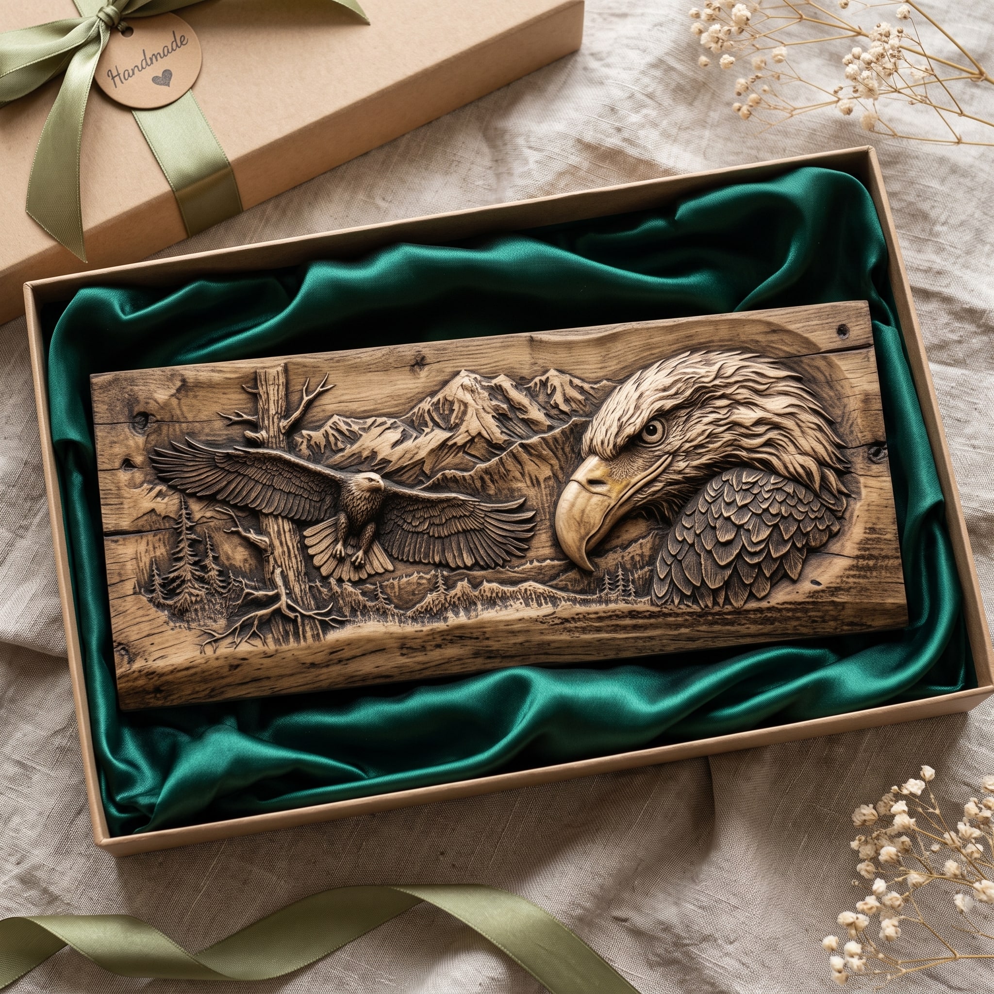 Bald Eagle Mountain Scene Bas-Relief STL with Soaring Eagle carved in wood