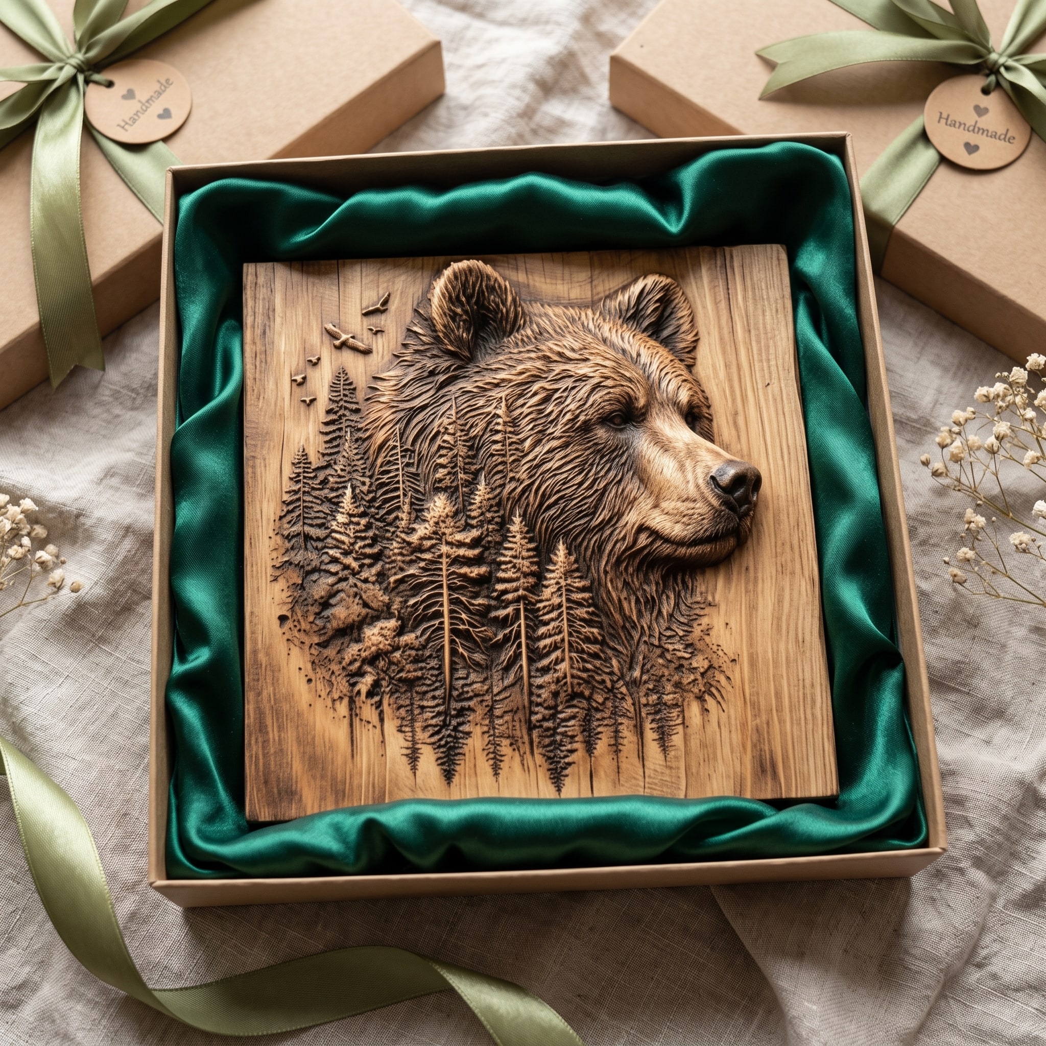 Grizzly Bear and Pine Forest Bas-Relief STL Wall Art carved in wood