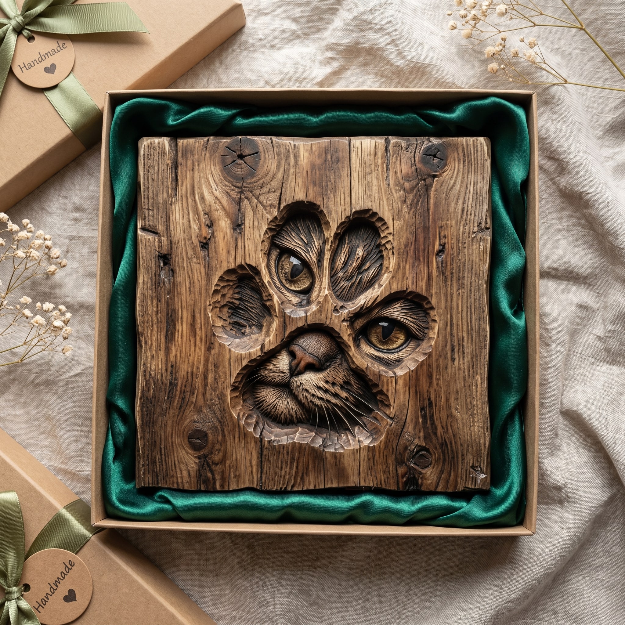 Hidden Cat Face Paw Print Bas-Relief STL Carving carved in wood