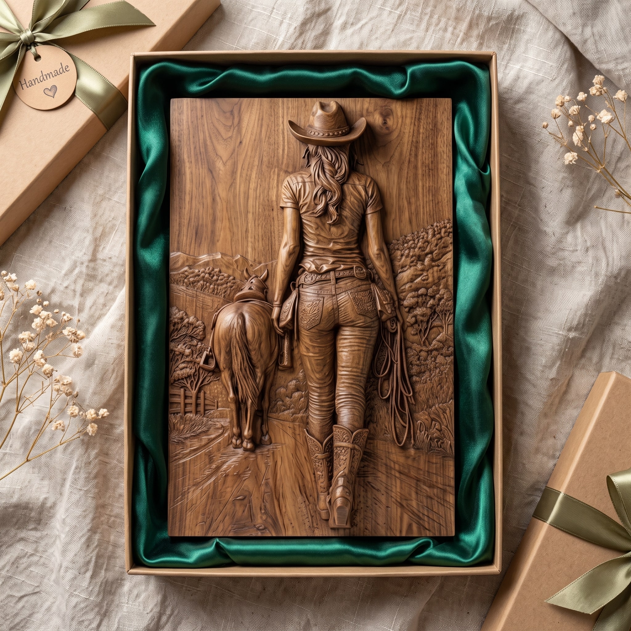 Cowgirl Leading Her Horse Down the Trail Bas-Relief STL carved in wood