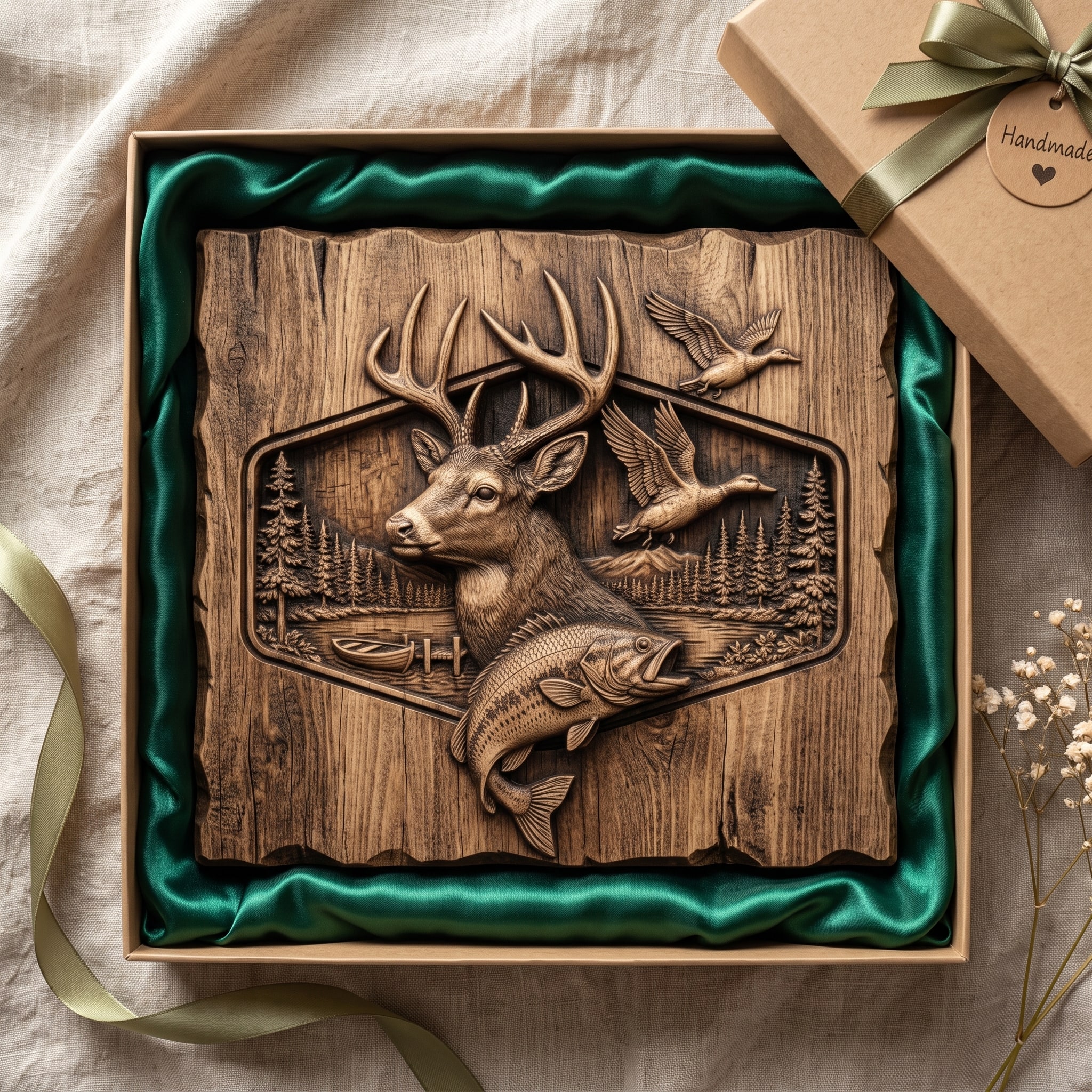 Buck, Ducks and Trout Sportsman Scene Bas-Relief STL carved in wood