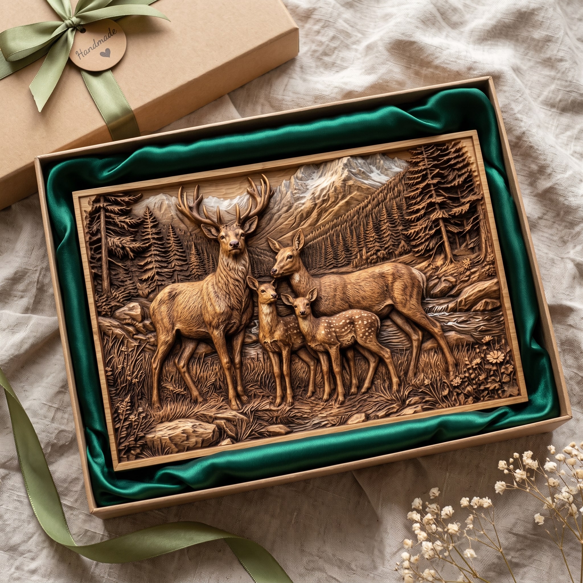 Deer Family in the Mountains 3D Relief STL Carving carved in wood