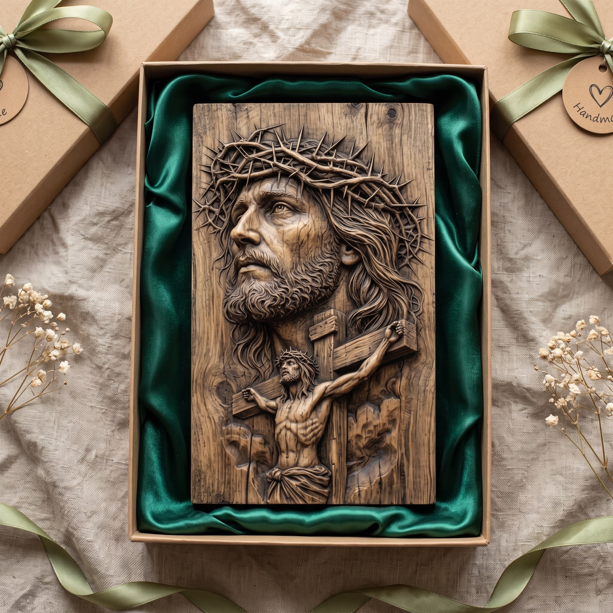 Face of Christ and Crucifixion Bas-Relief STL with Crown of Thorns carved in wood